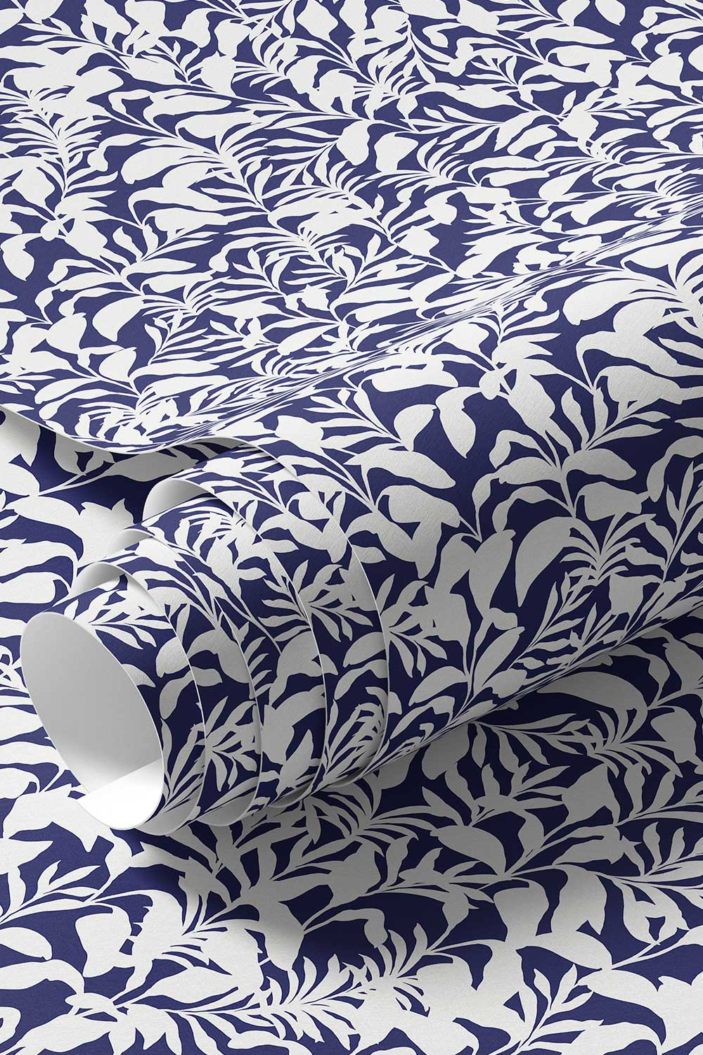 washable and stain resistant commercial vinyl wallpaper. Palm Frond & Found wall-covering with bold botanical palm leaf pattern in navy blue and bright white