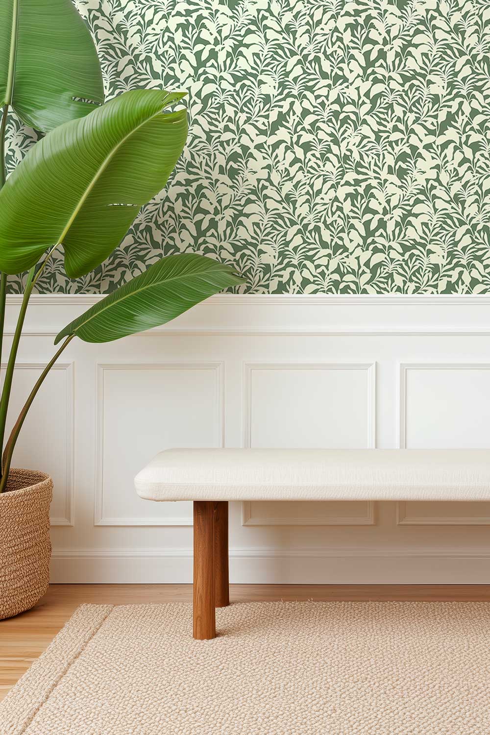 performance vinyl wall covering perfect for high traffic mudrooms and entryways seen here in a bold botanical moss green and white leaf pattern