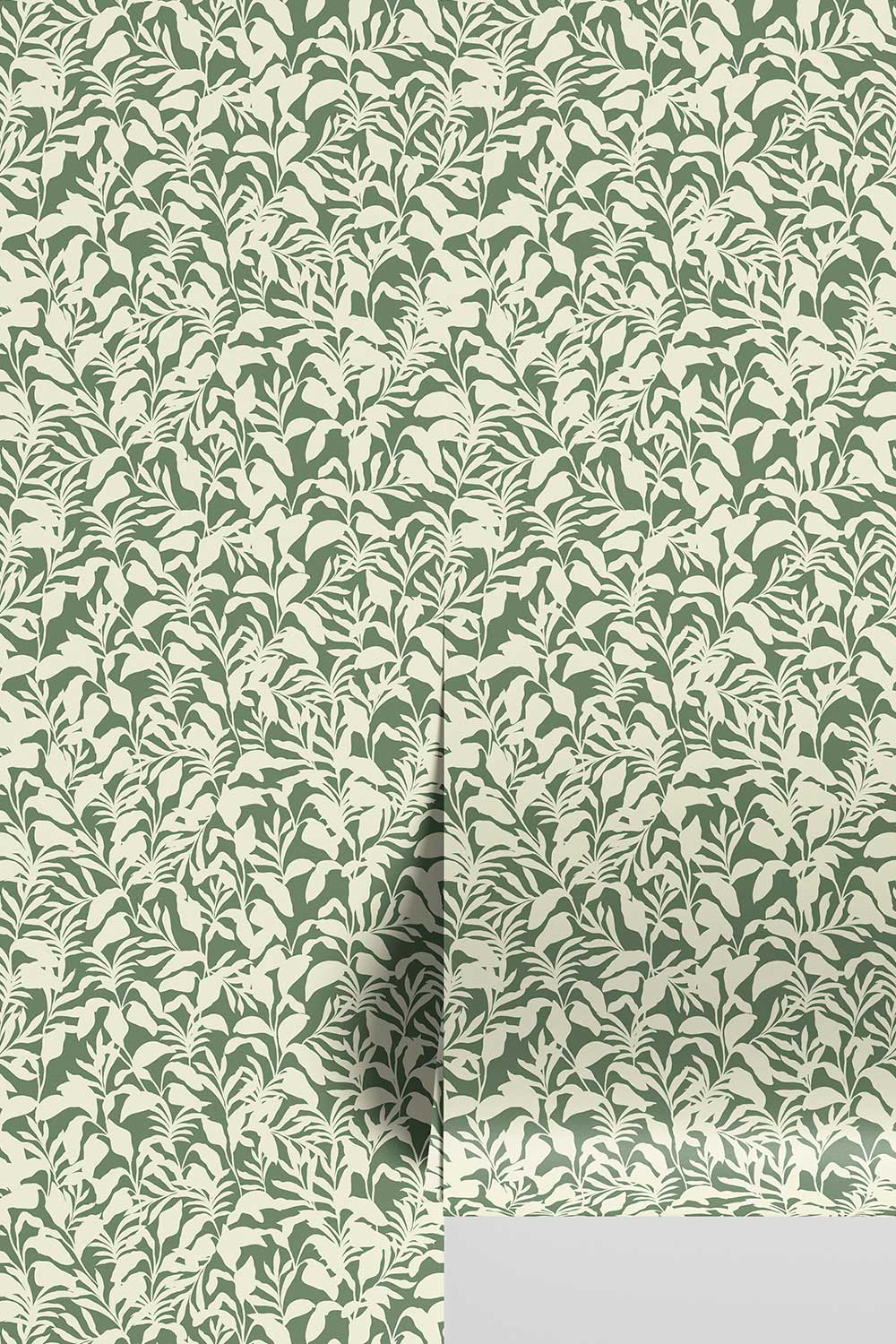 Palm Frond & Found wallpaper with bold botanical palm leaf pattern in green and cream