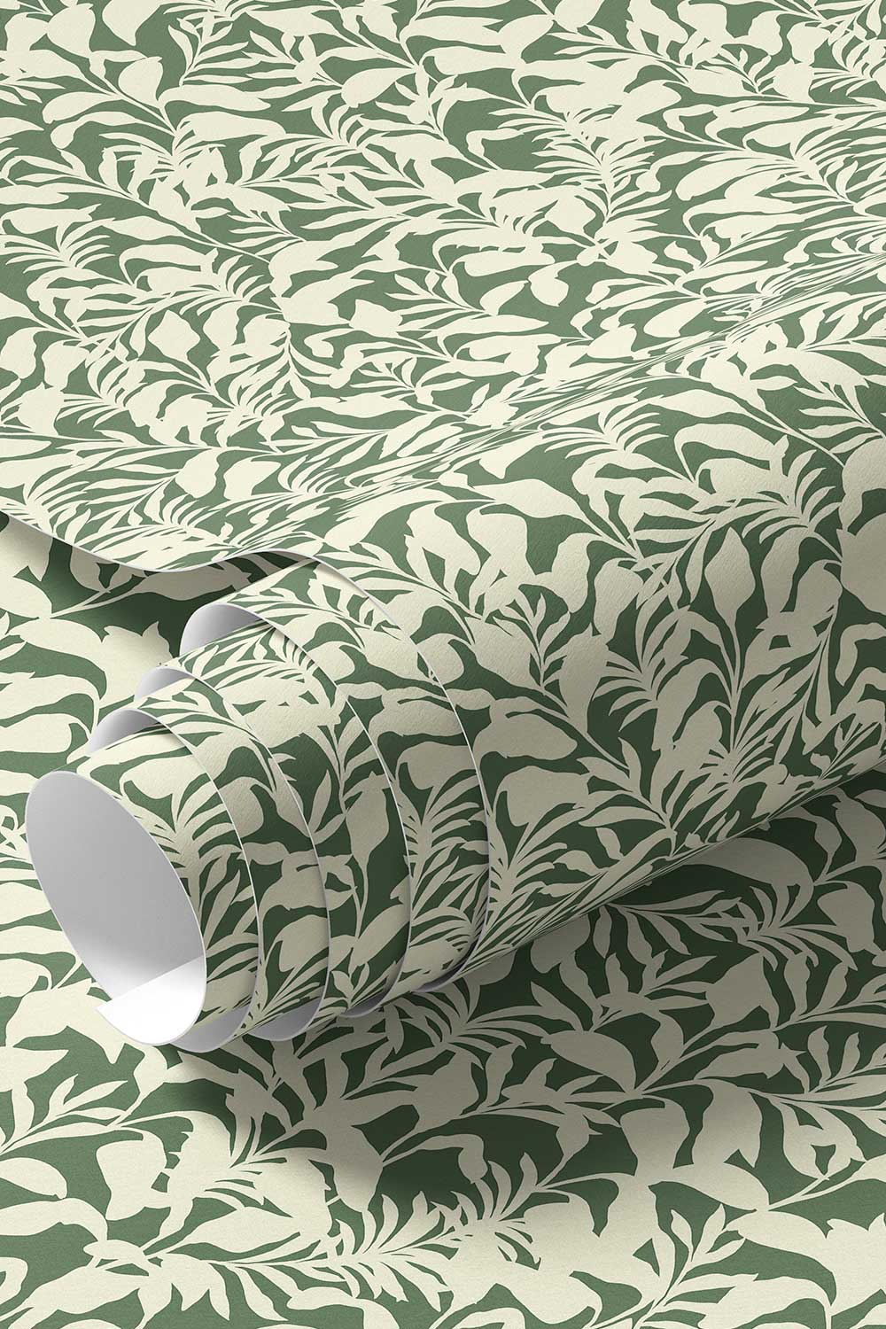 washable and stain resistant commercial vinyl wallpaper. Palm Frond & Found wall-covering with nature inspired botanical palm leaf pattern in moss green and white