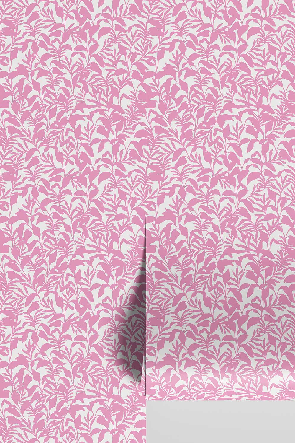 Happy pink and white bold botanical wallpaper with palm fronds for playful kids’ rooms and cottages