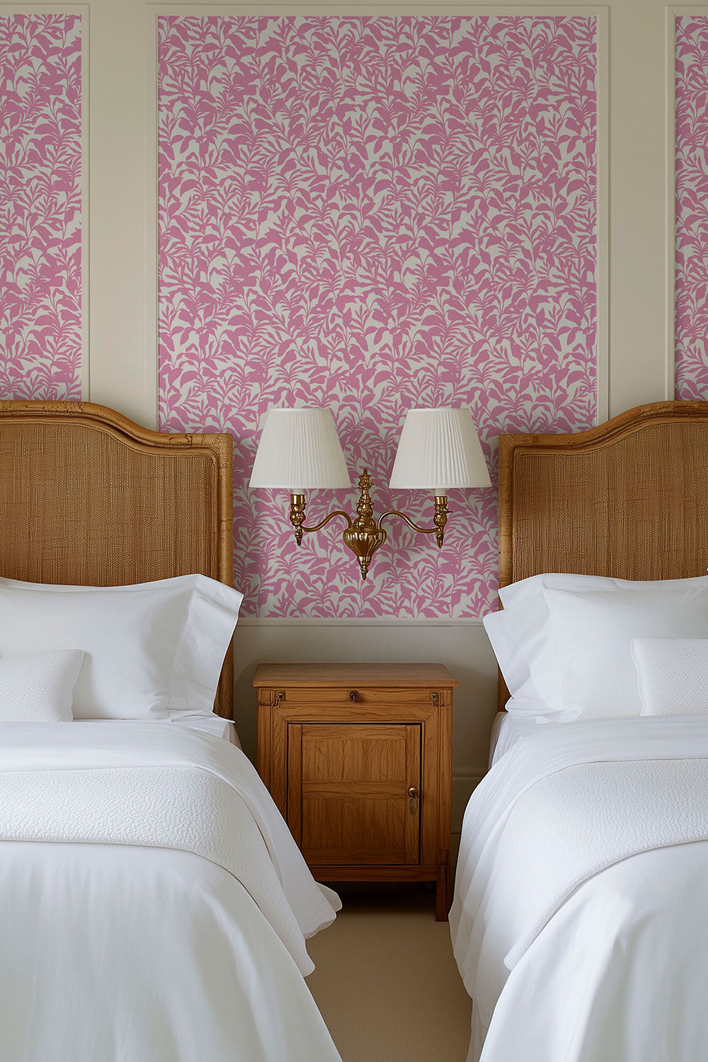 Happy pink and white bold botanical wallpaper with palm fronds for playful kids’ rooms and cottages