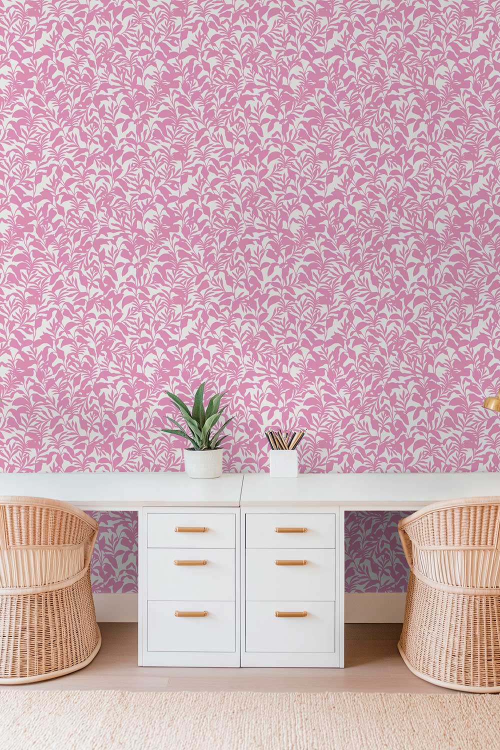 Botanical pink and white garden palm wallpaper with leafy repeating pattern for interior designer home offices