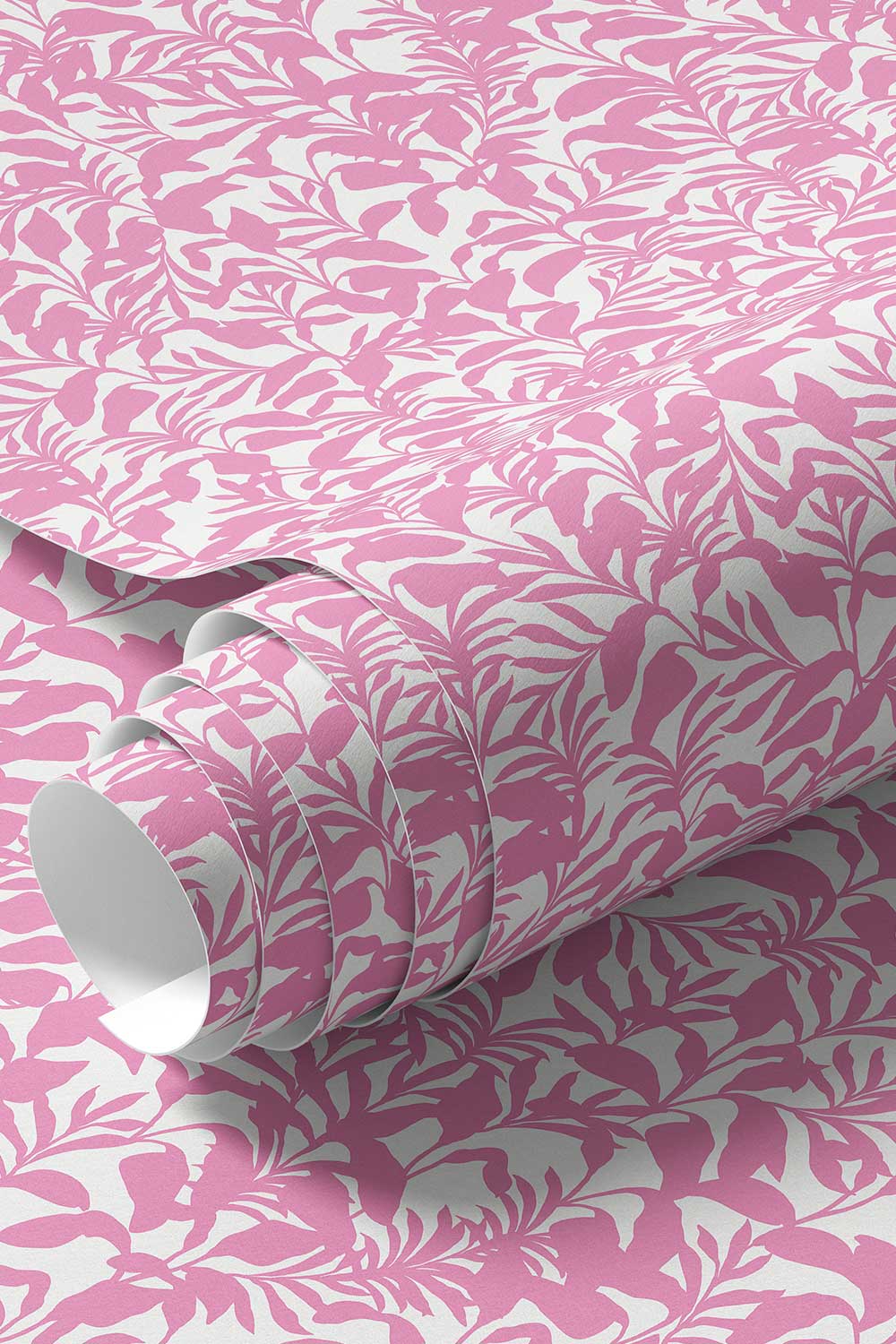 washable and stain resistant commercial vinyl wallpaper. Palm Frond & Found wall-covering with bold botanical palm leaf pattern in bright pink and white