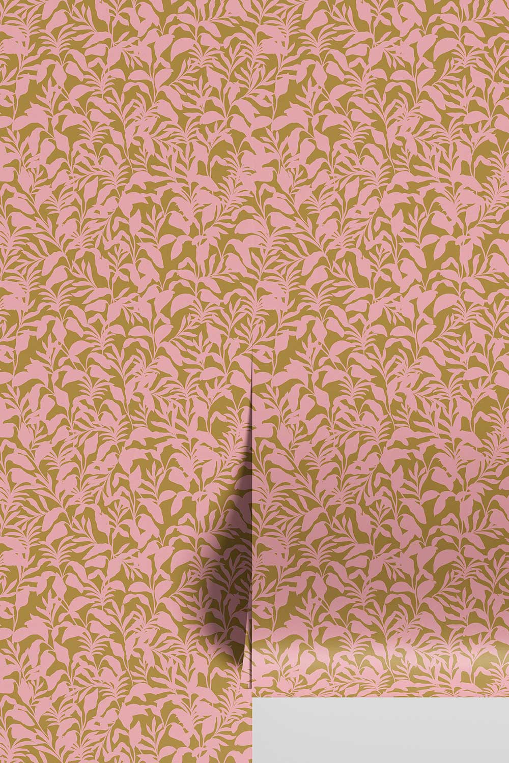 Palm Frond & Found wallpaper with bold botanical palm leaf pattern in pink and bronze for coastal homes.