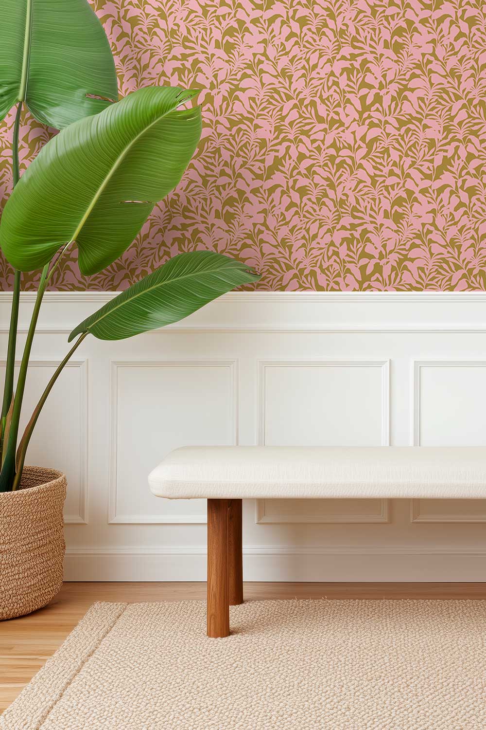 performance vinyl wall covering perfect for high traffic mudrooms and entryways seen here in a bold botanical red and white leaf pattern
