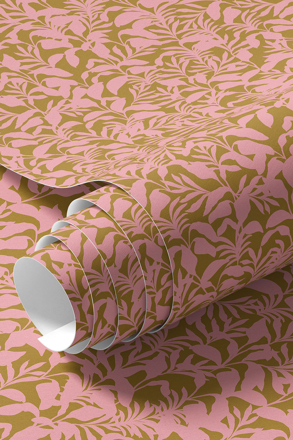 washable and stain resistant commercial vinyl wallpaper. Palm Frond & Found wall-covering with botanical palm leaf pattern in calming pink and bronze