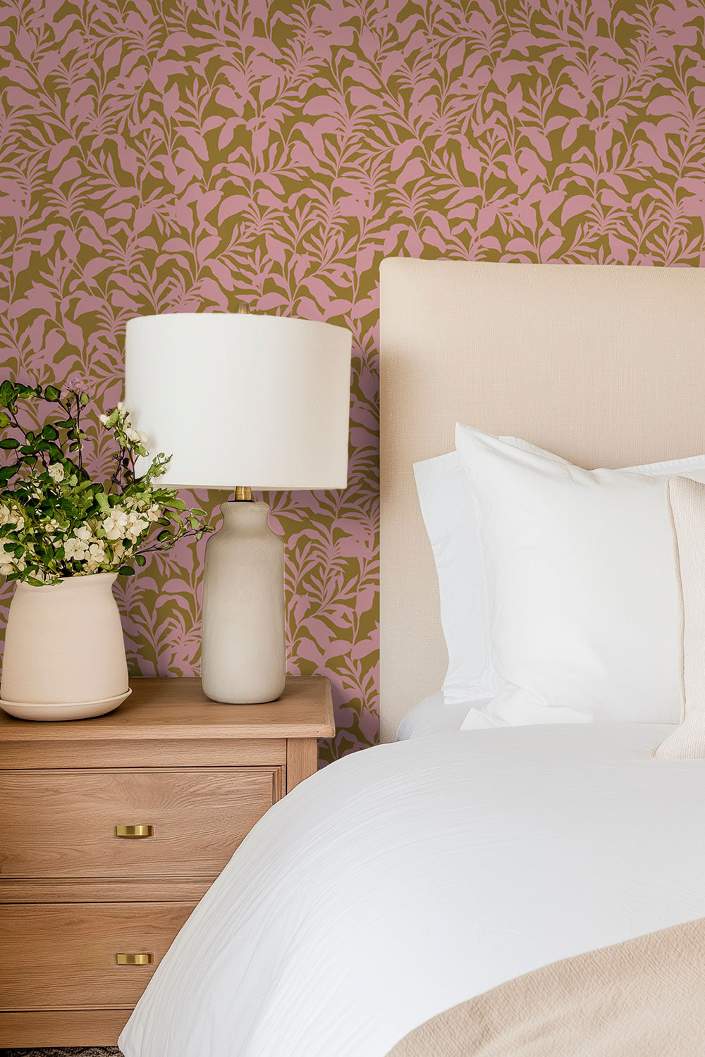 Cottage core palm frond wallpaper in pink and bronze for coastal home guest bedrooms