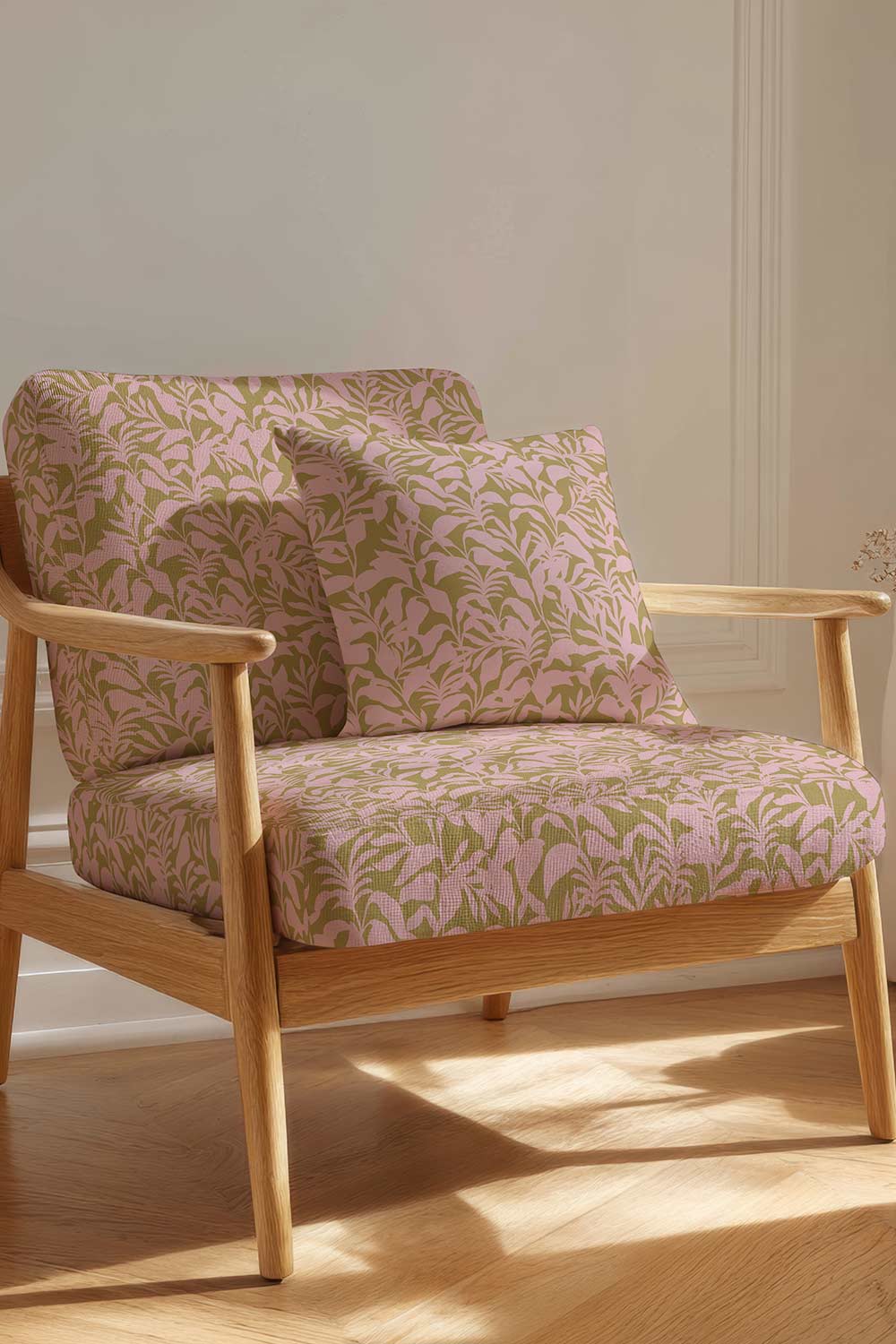 Bold tropical upholstery fabric featuring oversized palm frond leaves in a dynamic, statement-making pattern.
