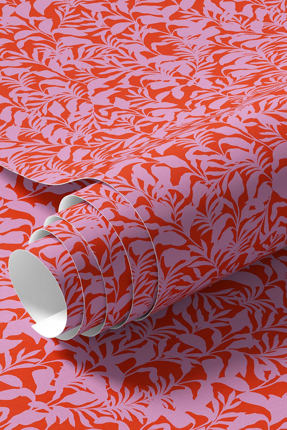 washable and stain resistant commercial vinyl wallpaper. Palm Frond & Found wall-covering with bold botanical palm leaf pattern in bright red and pink