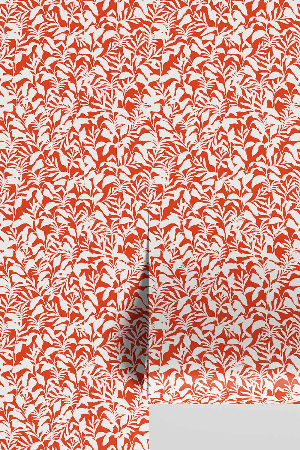 Palm Frond & Found wallpaper with bold botanical palm leaf pattern in bright red and white