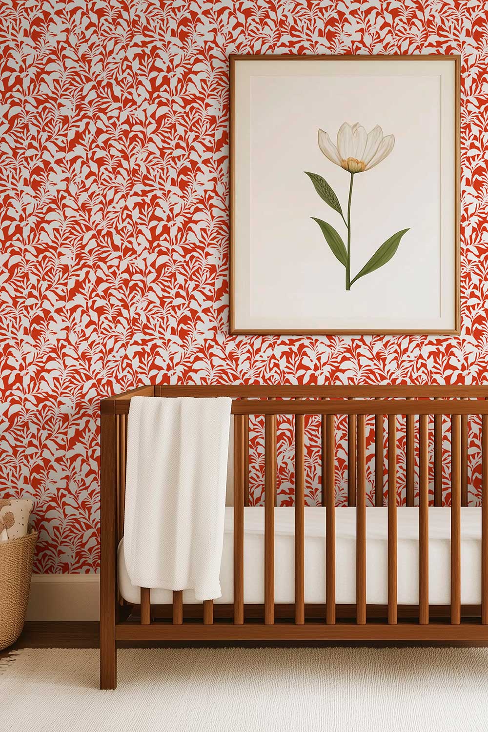 Bold botanical wallpaper with red and white palm fronds for playful kids’ rooms and cottages