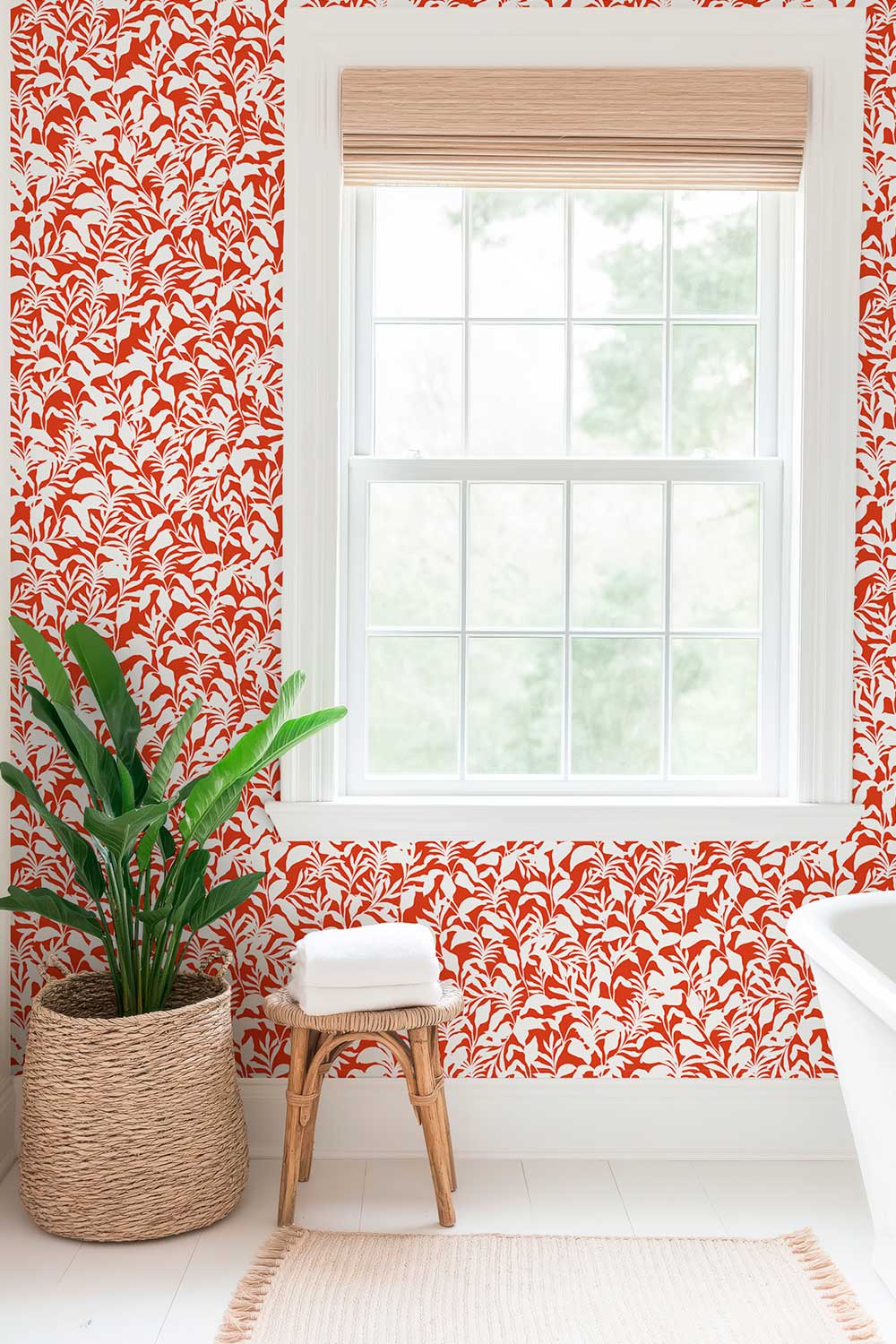 moisture and stain resistant wall-covering for bathrooms in bold botanical leaf pattern perfect for cozy cottage homes