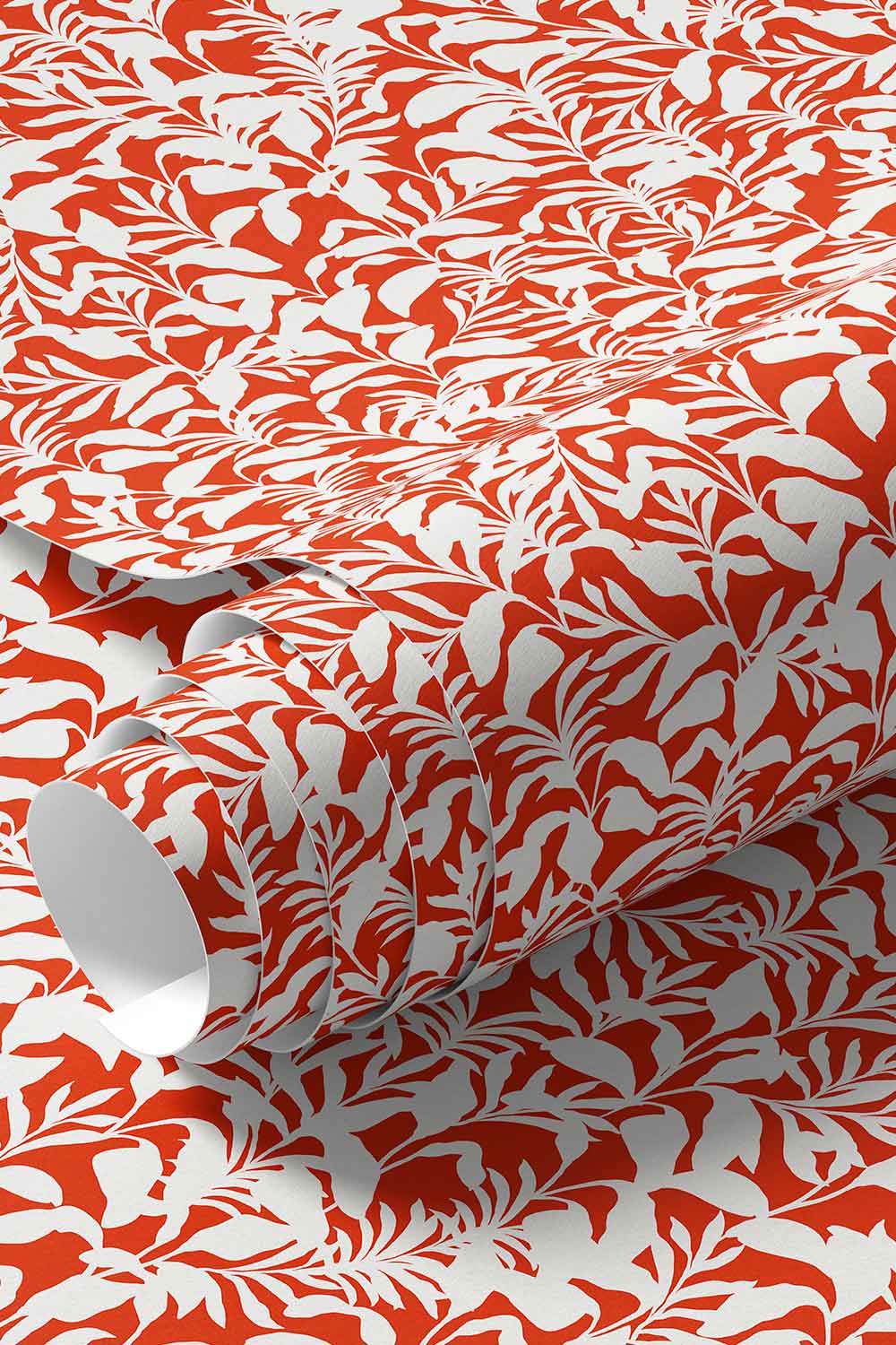 washable and stain resistant commercial vinyl wallpaper. Palm Frond & Found wall-covering with bold botanical palm leaf pattern in bright red and white