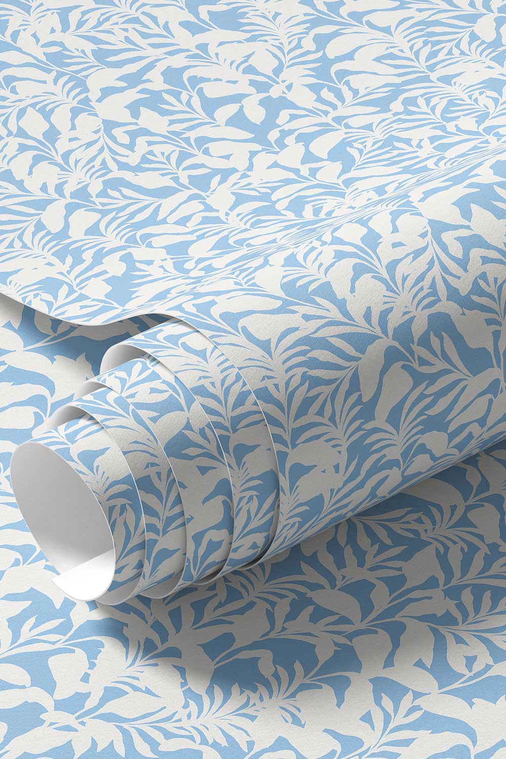 washable and stain resistant commercial vinyl wallpaper. Palm Frond & Found wall-covering with bold botanical palm leaf pattern in french blue and white