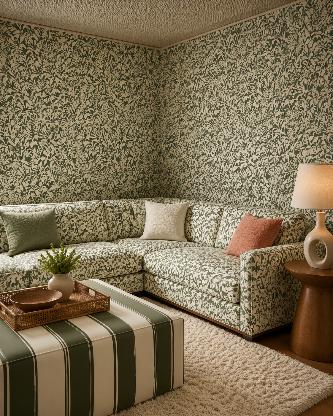 green and white bold tropical upholstery fabric featuring oversized palm frond leaves in a dynamic, statement-making pattern featured on this bold section coach with coordinating wallpaper