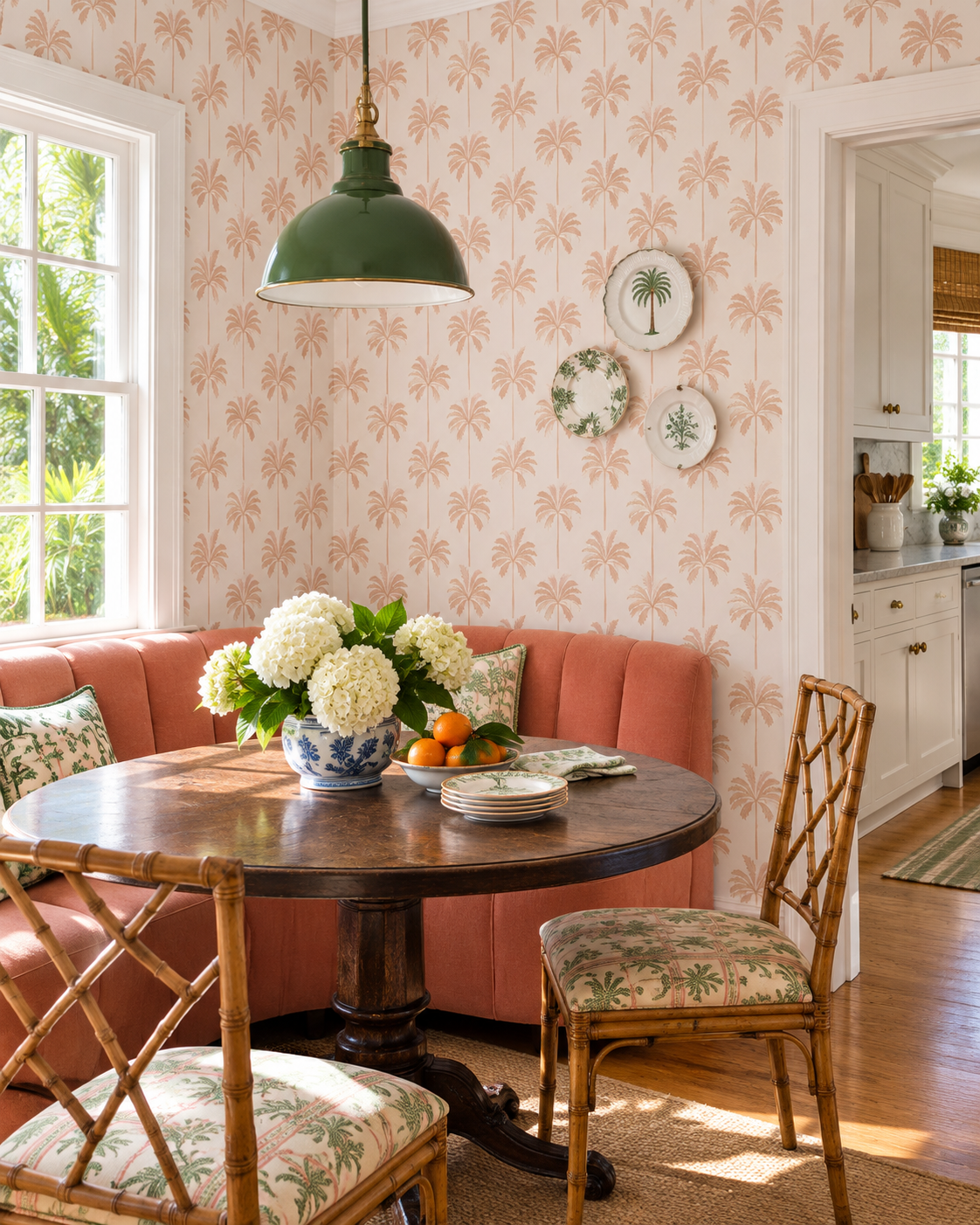 A cozy dining nook with a round dark wood table, coral upholstered banquette, bamboo chairs with floral-patterned cushions, a green pendant light, and pink-and-beige palm-pattern wallpaper.