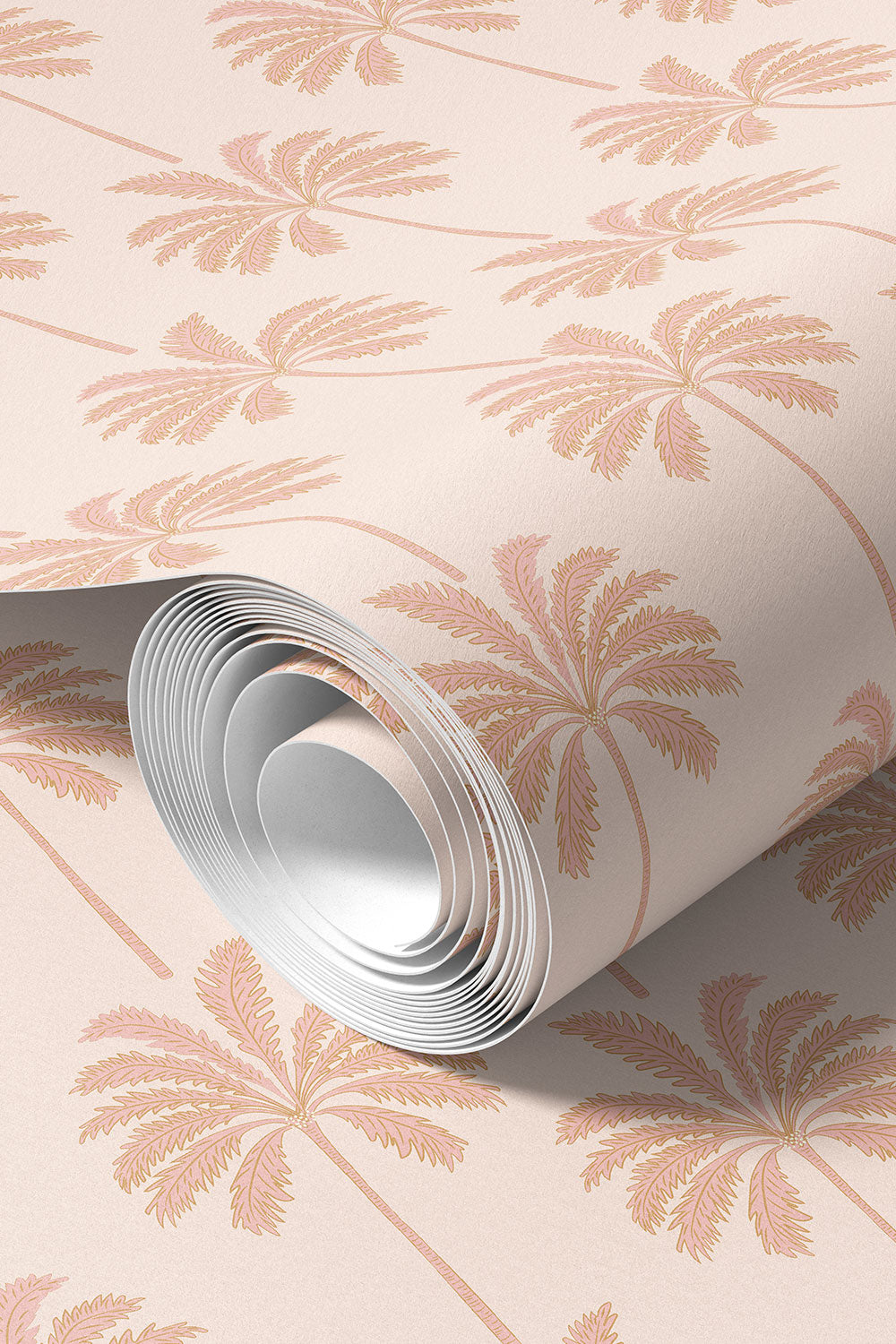 washable and stain resistant botanical palm tree striped wallpaper in performance vinyl, perfect for coastal beach houses and luxury vacation rental homes in neutral pink and peach