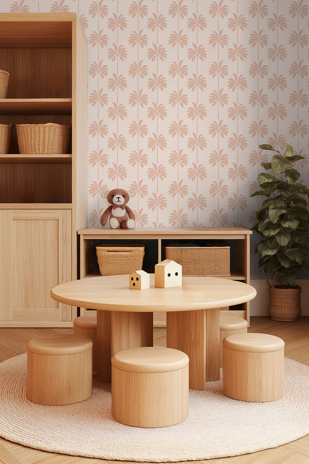 washable and stain resistant botanical palm tree striped wallpaper in performance vinyl, perfect for kid-friendly bedrooms and playrooms due to it's durability and washability