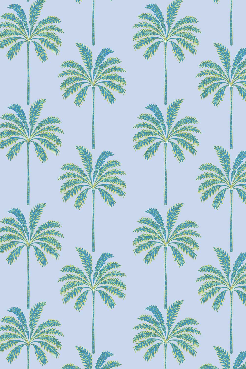 washable and stain resistant botanical palm tree striped wallpaper in performance vinyl, perfect for coastal beach houses and luxury vacation rental homes in blue and green stripe