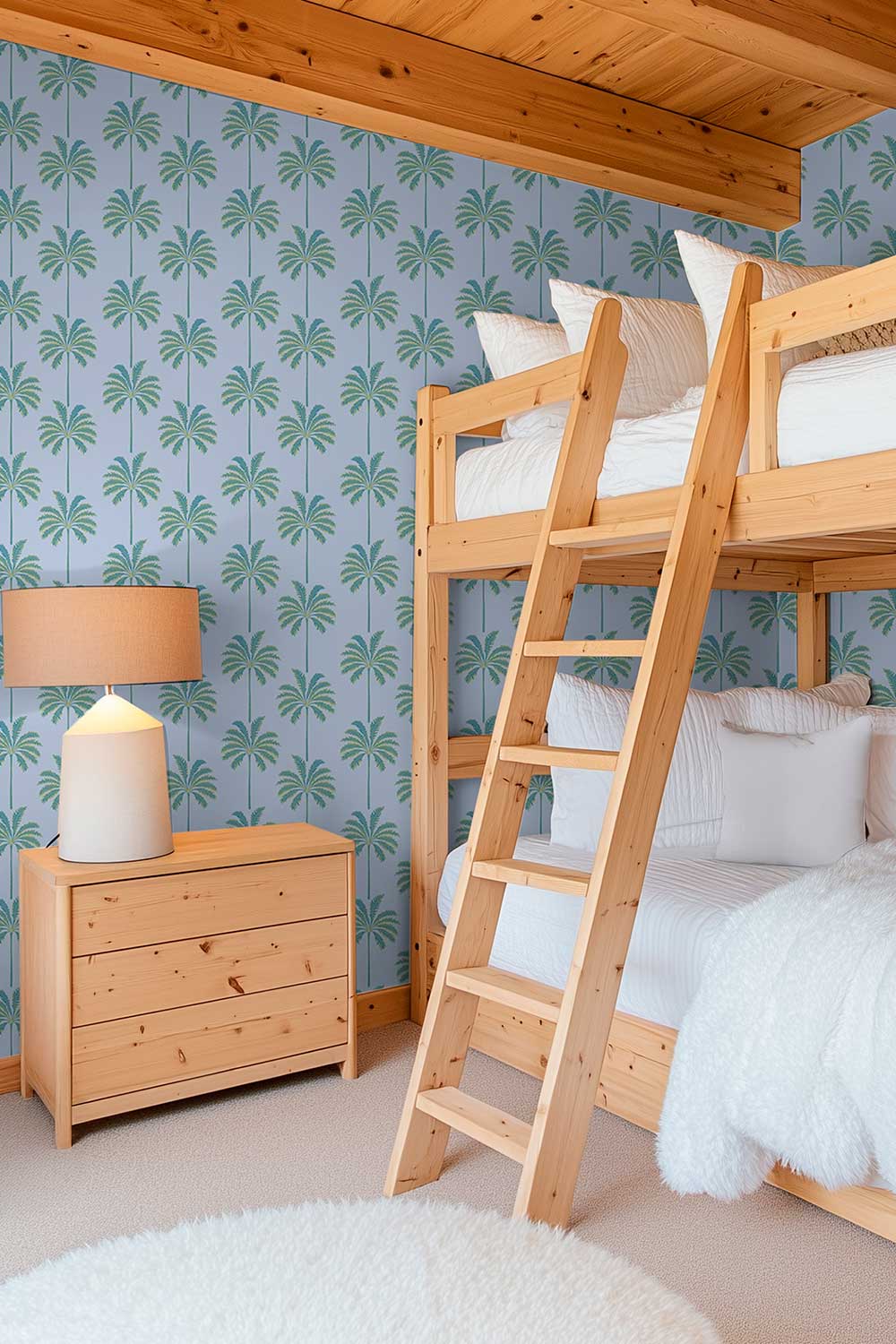 beach house kids bunk room with playful palmetto striped wallpaper in blue and green