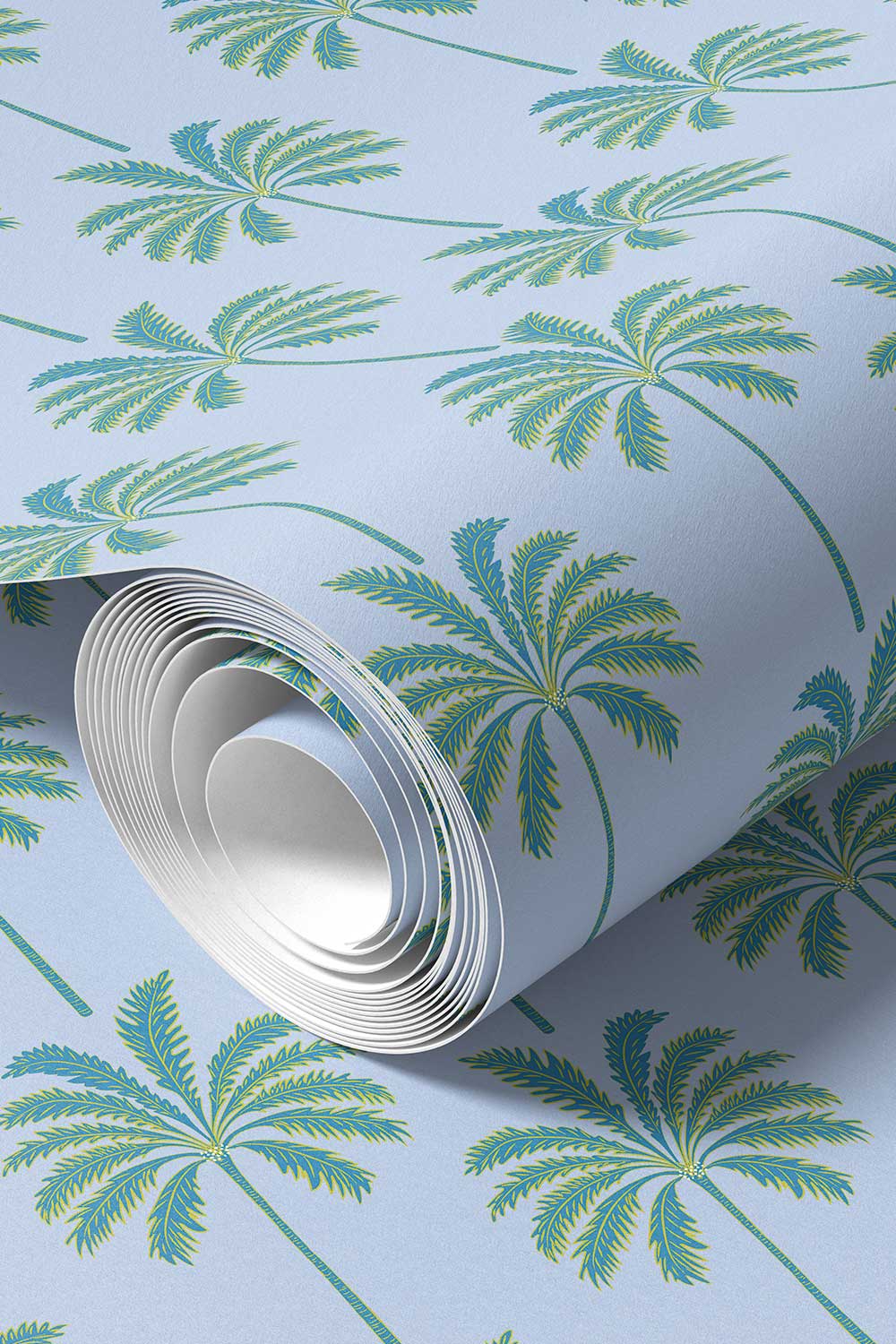 washable and stain resistant botanical palm tree striped wallpaper in performance vinyl, perfect for coastal beach houses and luxury vacation rental homes in blue and green stripe