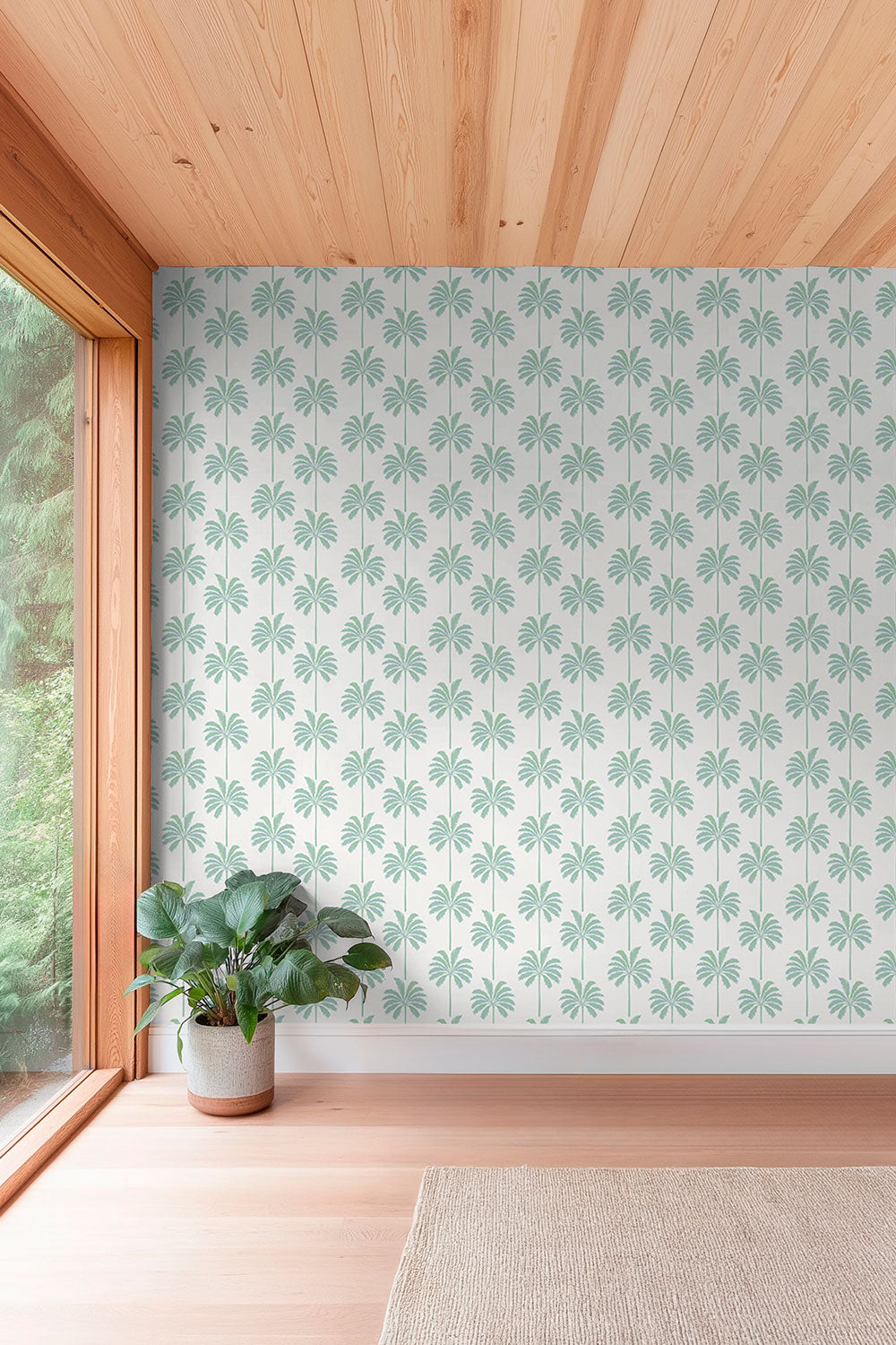 washable and stain resistant botanical palm tree striped wallpaper in performance vinyl, perfect for coastal beach houses and luxury vacation rental homes