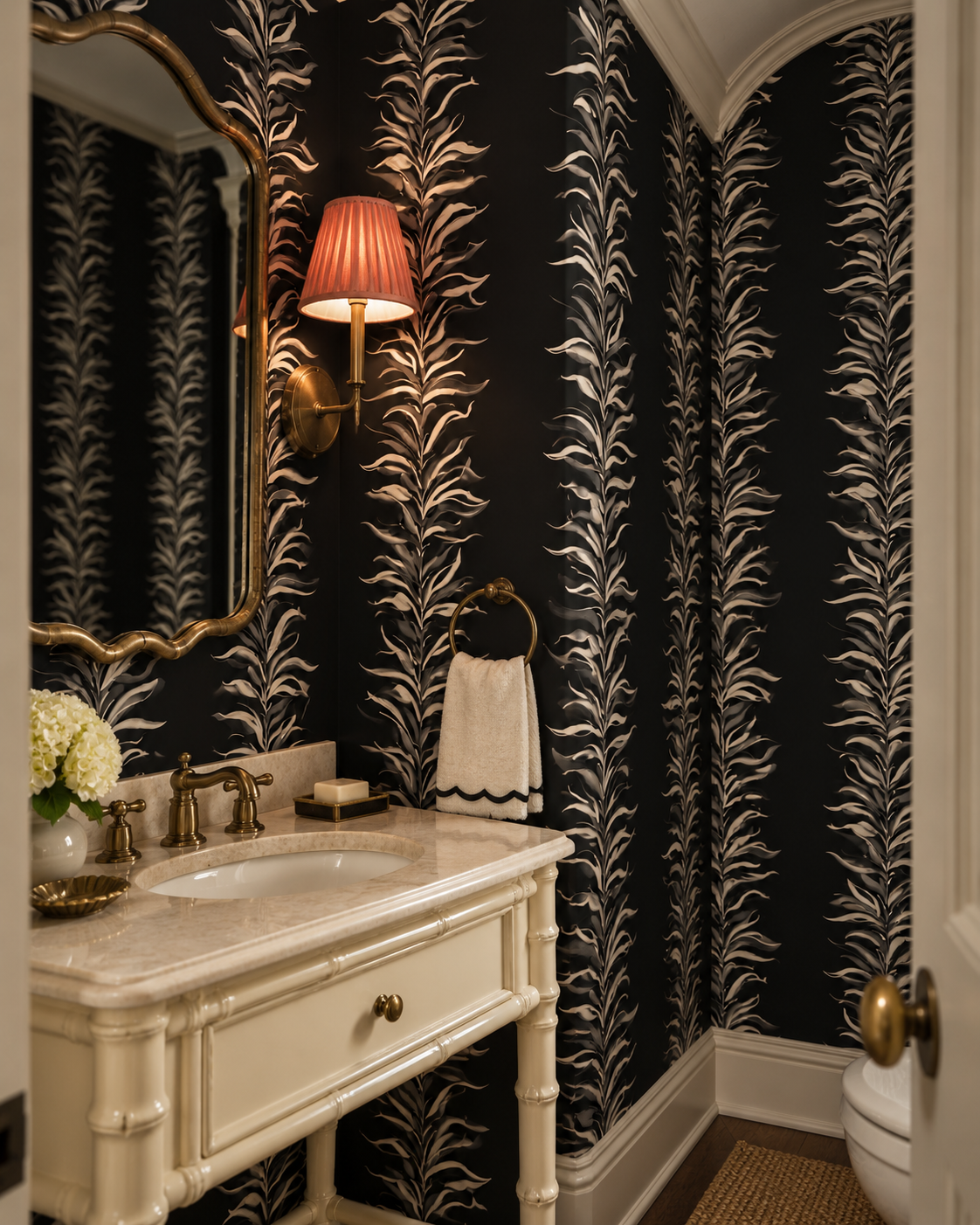 Hand-painted watercolor Paradiso Palm Leaf Stripe wallpaper featuring soft botanical palm leaf stripes on a midnight black background with off-white creamy leaves