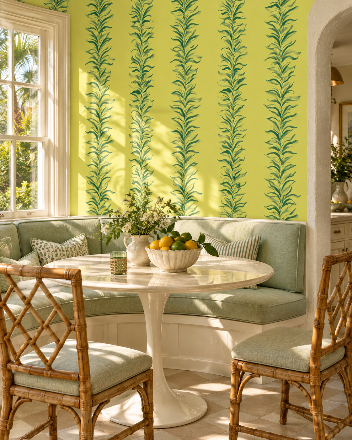 Hand-painted watercolor Paradiso Palm Leaf Stripe wallpaper featuring bright botanical palm leaf stripes on a bright yellow background with green painted leaves.