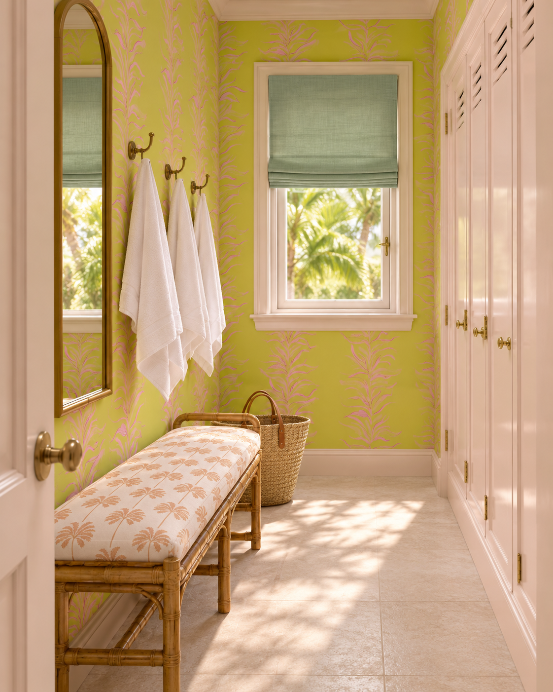Hand-painted watercolor Paradiso Palm Leaf Stripe wallpaper featuring soft botanical palm leaf stripes on a bright chartreuse yellow background with hot pink leaf stripes.
