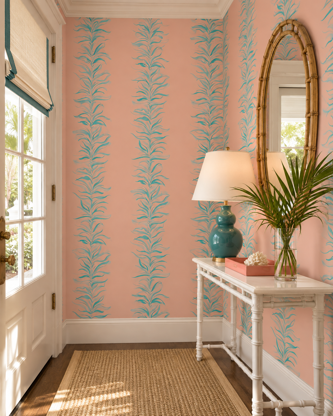Hand-painted watercolor Paradiso Palm Leaf Stripe wallpaper featuring soft botanical palm leaf stripes on a pastel coral background with light teal green leaf stripes