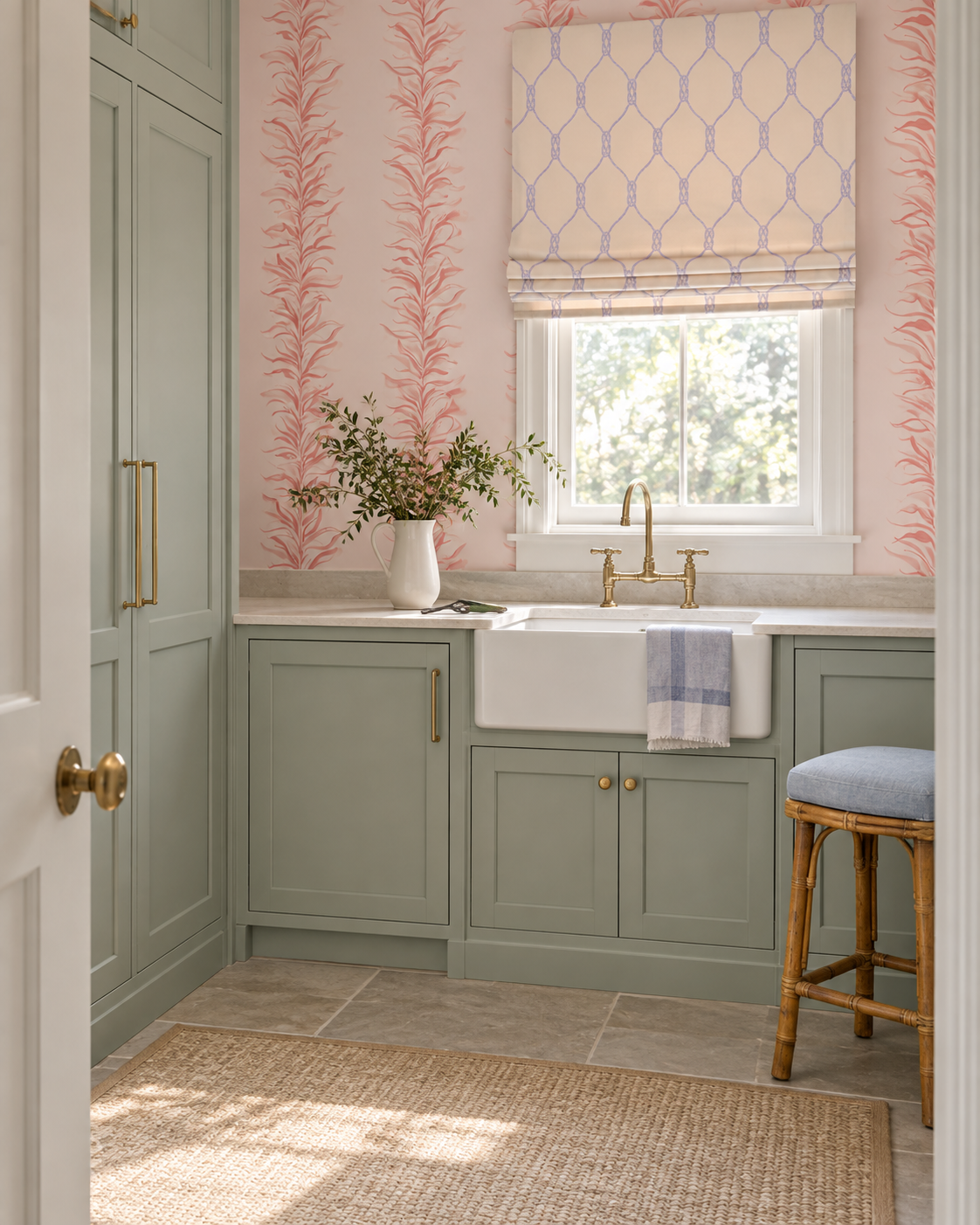 Hand-painted watercolor Paradiso Palm Leaf Stripe wallpaper featuring soft botanical palm leaf stripes on a blush pink background.