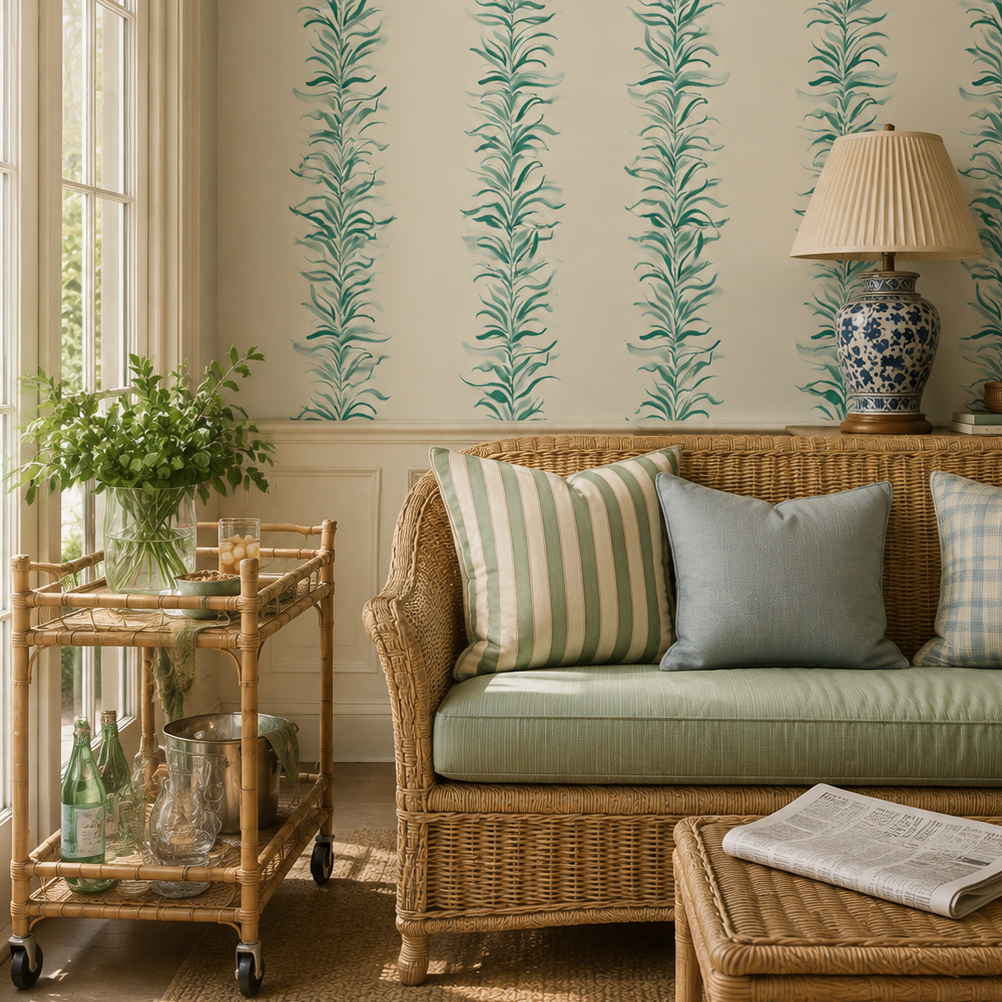 Hand-painted watercolor Paradiso Palm Leaf Stripe wallpaper featuring soft botanical palm leaf stripes on a neutral off-white background with jungle green leaves.