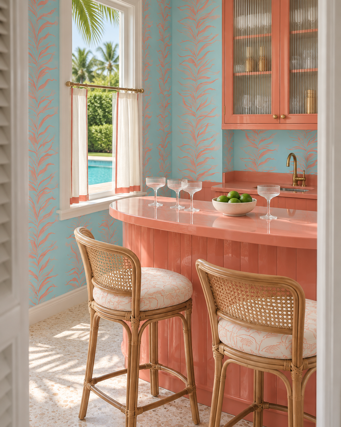 Hand-painted watercolor Paradiso Palm Leaf Stripe wallpaper featuring bright botanical palm leaf stripes on a bright seaglass blue background with pastel coral painted leaves.