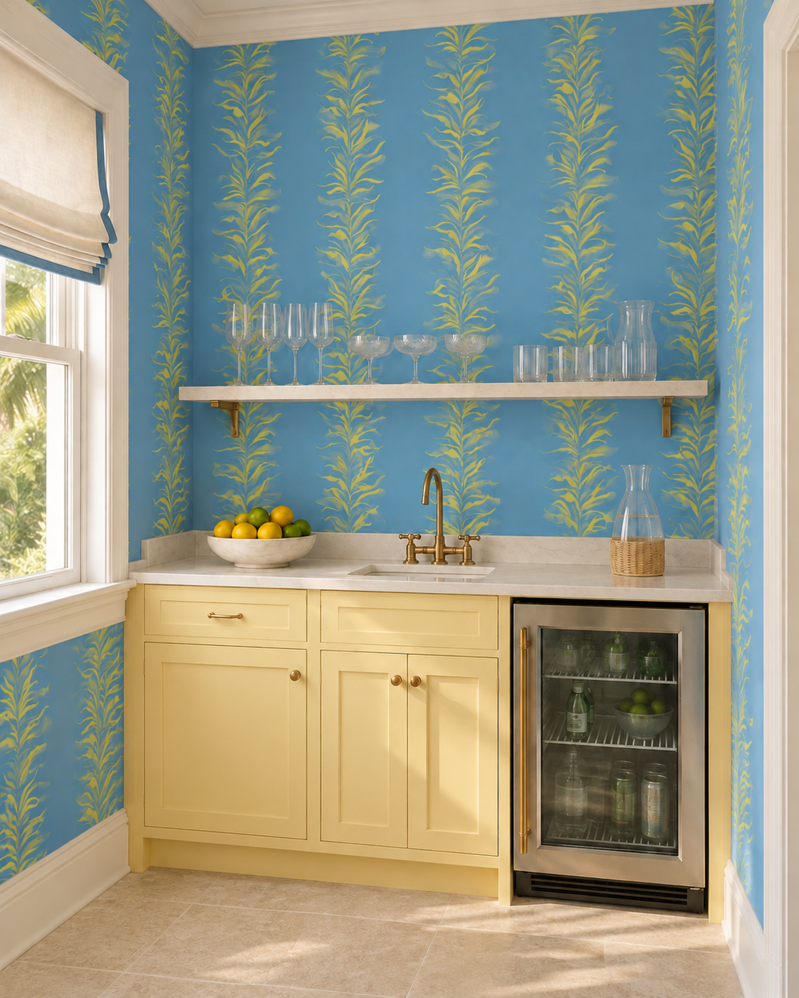 Hand-painted watercolor Paradiso Palm Leaf Stripe wallpaper featuring soft botanical palm leaf stripes on a bright blue background with vibrant yellow leaves.
