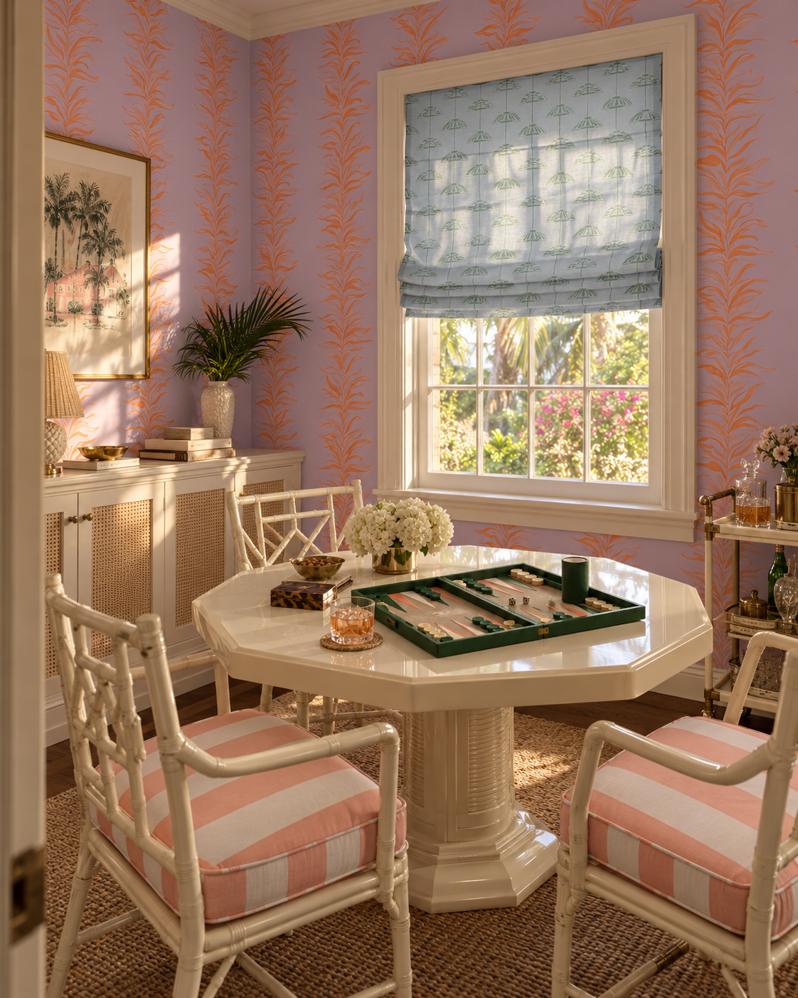 Hand-painted watercolor Paradiso Palm Leaf Stripe wallpaper featuring soft botanical palm leaf stripes on a pastel lavender purple background with fire orange leaf stripes