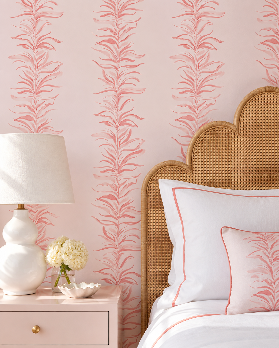 Hand-painted watercolor Paradiso Palm Leaf Stripe wallpaper featuring soft botanical palm leaf stripes on a blush pink background.