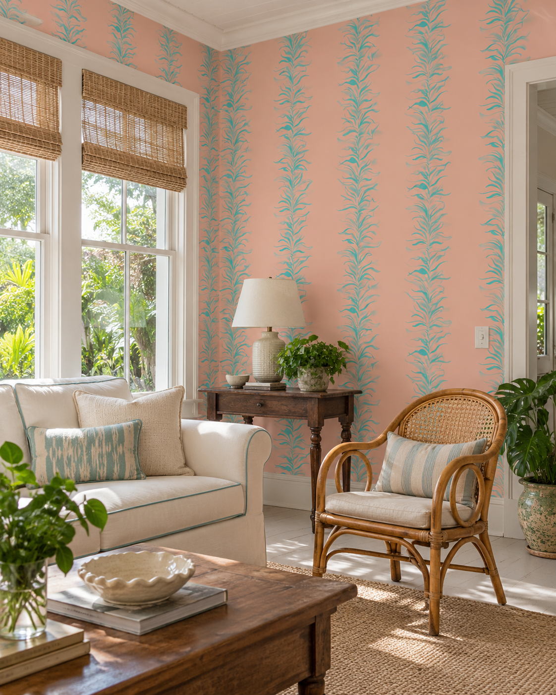 Hand-painted watercolor Paradiso Palm Leaf Stripe wallpaper featuring soft botanical palm leaf stripes on a pastel coral background with light teal green leaf stripes
