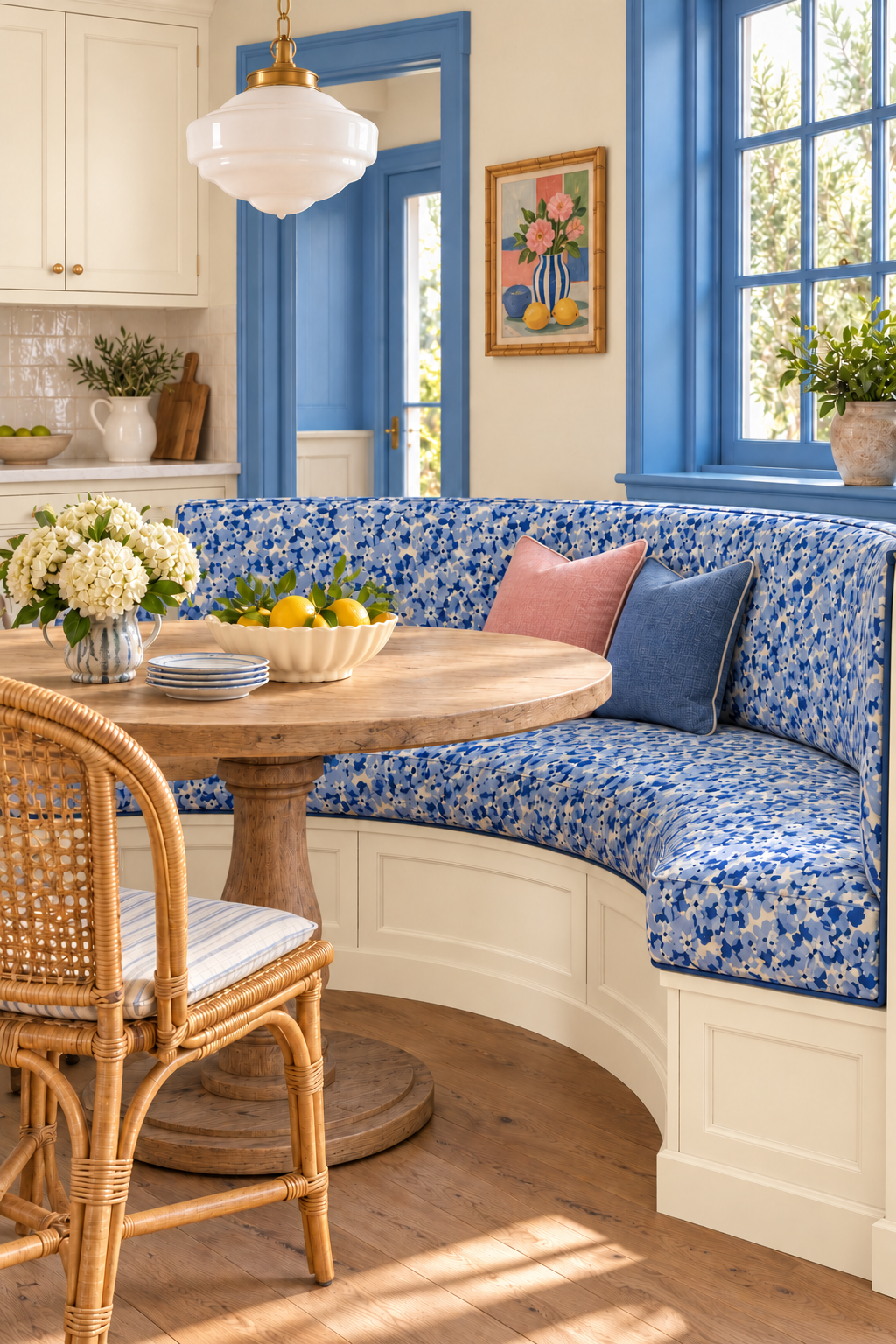 Vintage-inspired multi-blue floral upholstery fabric with tightly clustered blooms and a soft, nostalgic garden feel featured as the custom fabric cushion in this cozy cottage breakfast nook kitchen