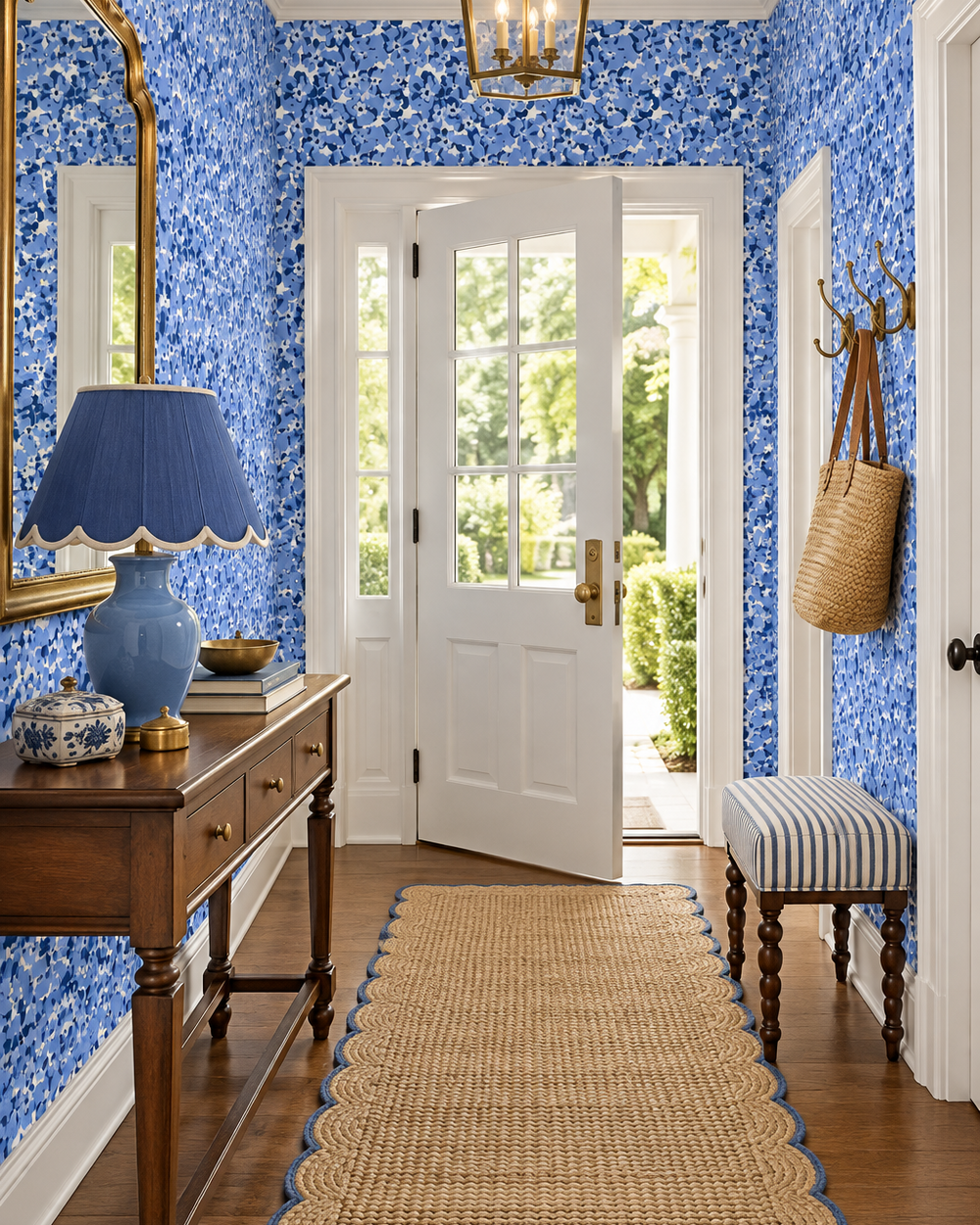 Petal Pusher floral garden wallpaper in soft blue pastel tones for welcoming foyers