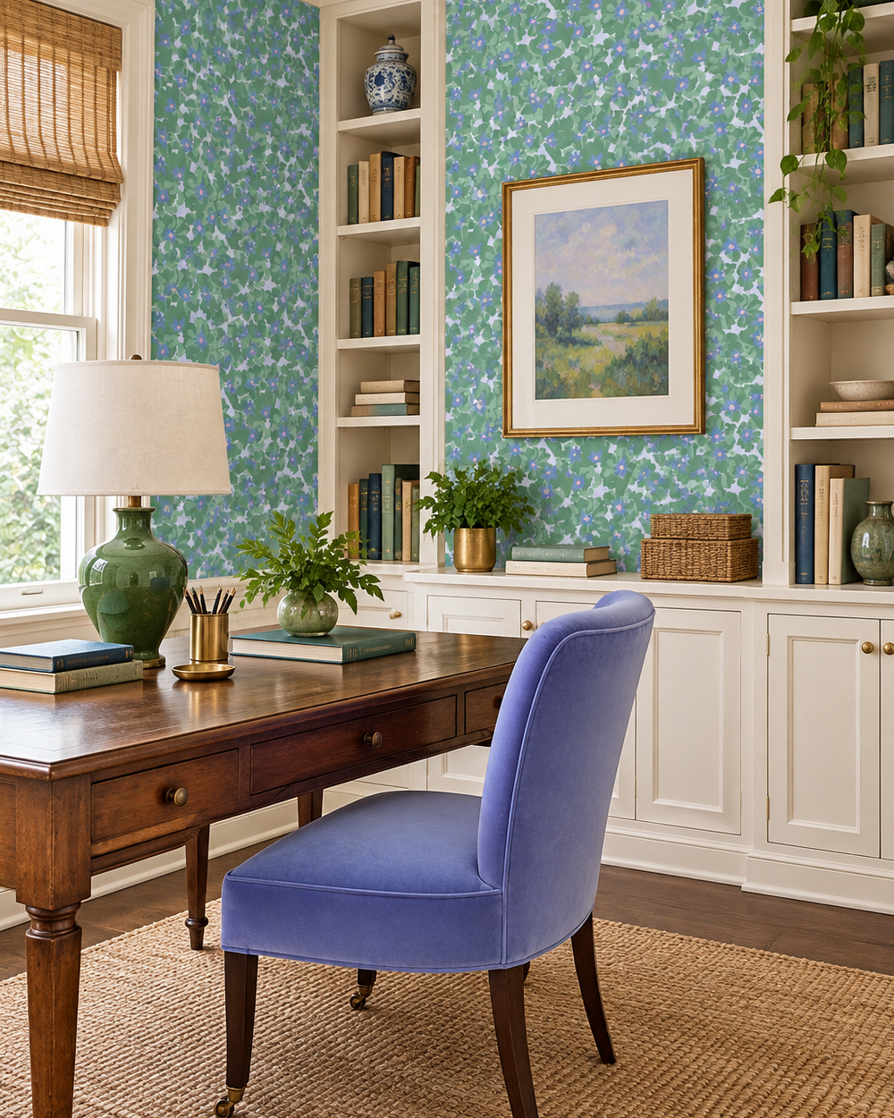 Petal Pusher garden green wallpaper in soft pastel tones for happy home office