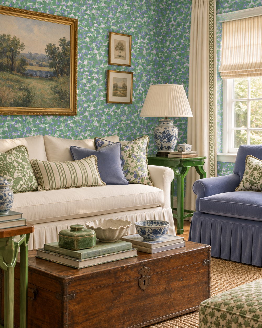 A styled living room featuring blue floral patterned wallpaper, a cream sofa with blue and green pillows, a blue armchair, a wooden trunk coffee table, and a window with beige blinds. green garden botanical floral wallpaper printed on all natural and eco-friendly grass cloth wallcovering