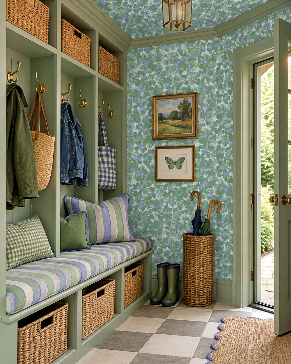 green garden botanical floral wallpaper printed on commercial grade water and stain resistant performance vinyl wall-covering, great for bathrooms, kitchens and high traffic mudroom entrances