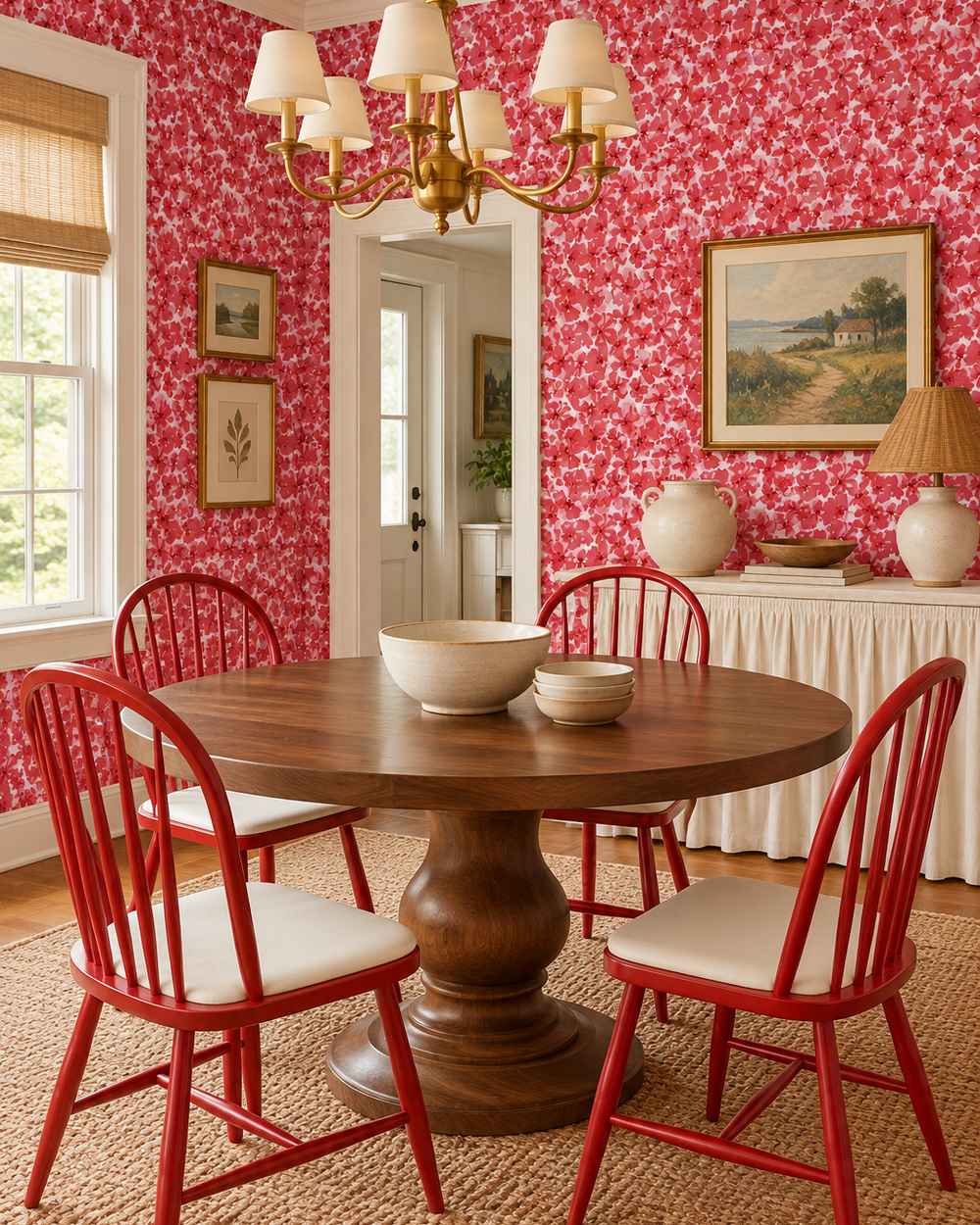 A styled dining room featuring a round wooden pedestal table surrounded by four red spindle-back chairs with cream upholstered seats, set on a woven jute rug against red floral wallpaper. Botanical wallpaper with all-over floral blooms for a sweet feminine look in master bedrooms printed on eco-friendly grass cloth wall-covering