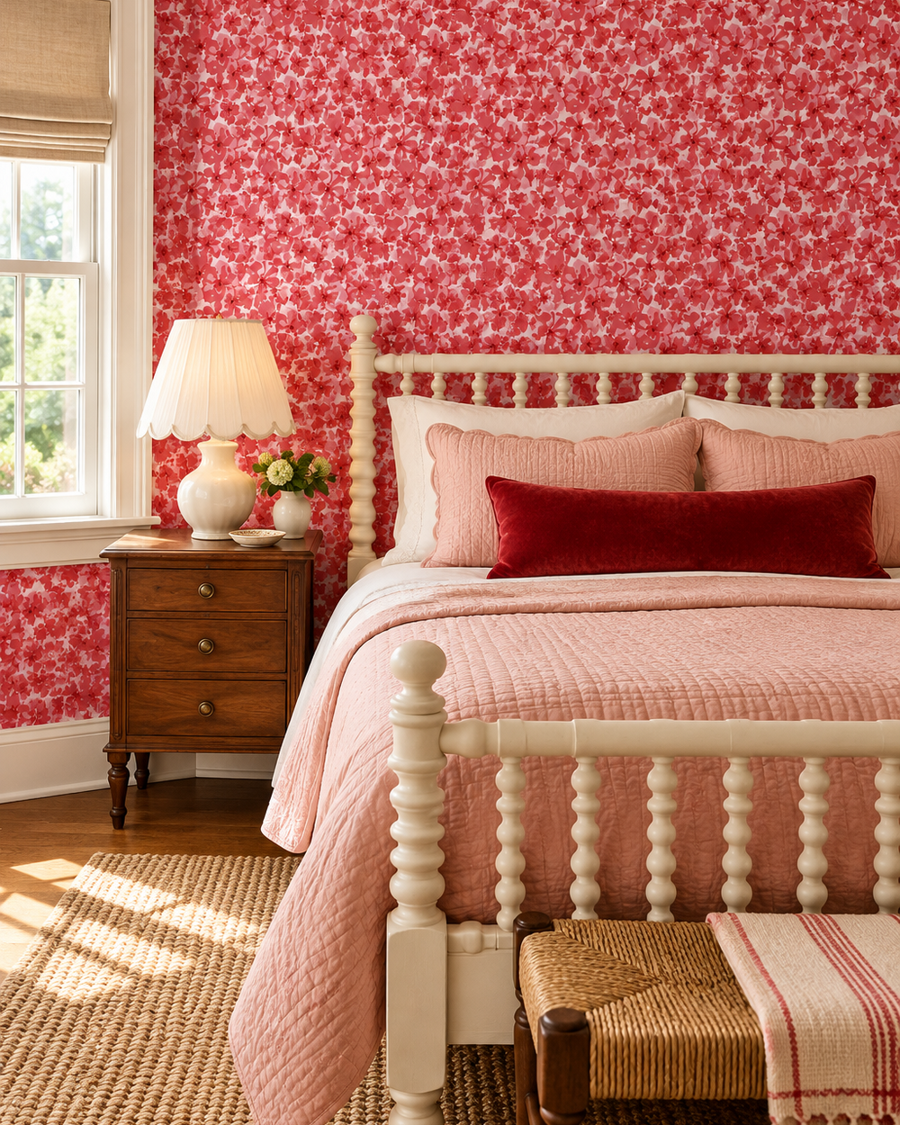 A styled bedroom featuring a white spindle bed dressed in pink bedding, set against a wall covered in red and pink floral wallpaper. A wooden nightstand with a lamp and flowers sits beside the window, and a woven bench is at the foot of the bed. red garden botanical floral wallpaper printed on luxury traditional matte paper