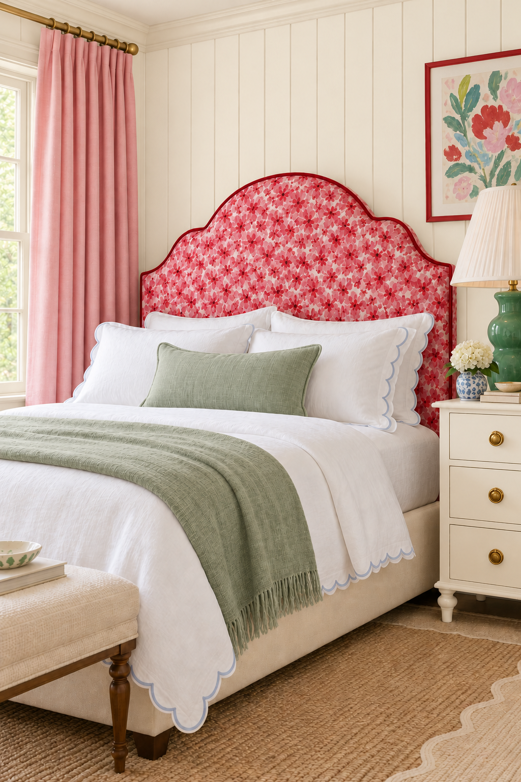 Vintage-inspired floral upholstery fabric with tightly clustered blooms and a soft, nostalgic garden feel featured as the custom headboard in this cozy guest bedroom suite