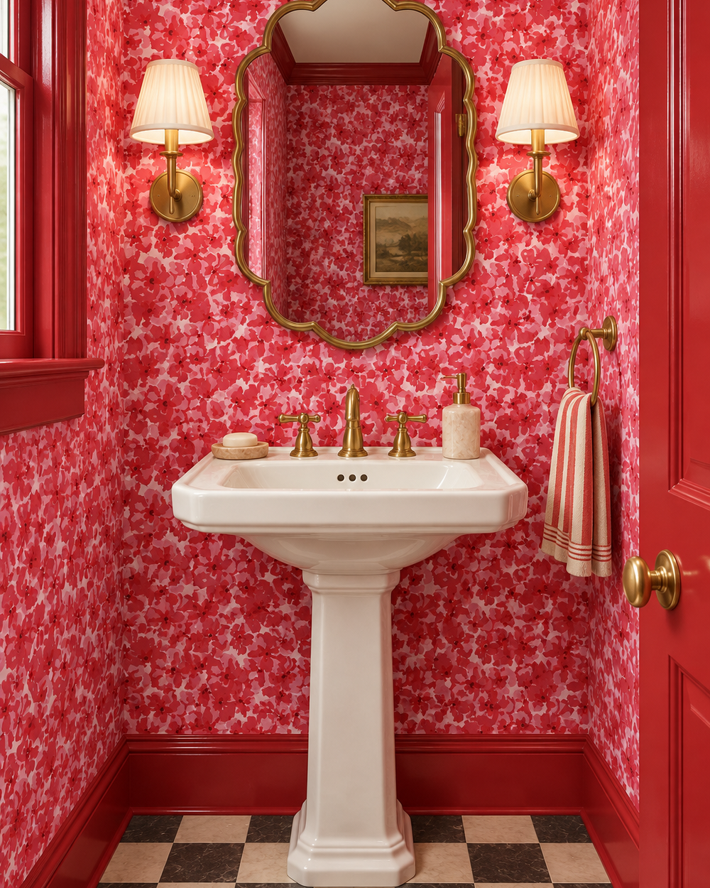 A classic powder room featuring vibrant red and white floral wallpaper, a white pedestal sink with brass fixtures, a gold-framed mirror, and red walls with a window and door. vintage inspired bold red botanical flower wallpaper printed on commercial grade water and stain resistant performance vinyl wall-covering, great for bathrooms, kitchens and commercial spaces.