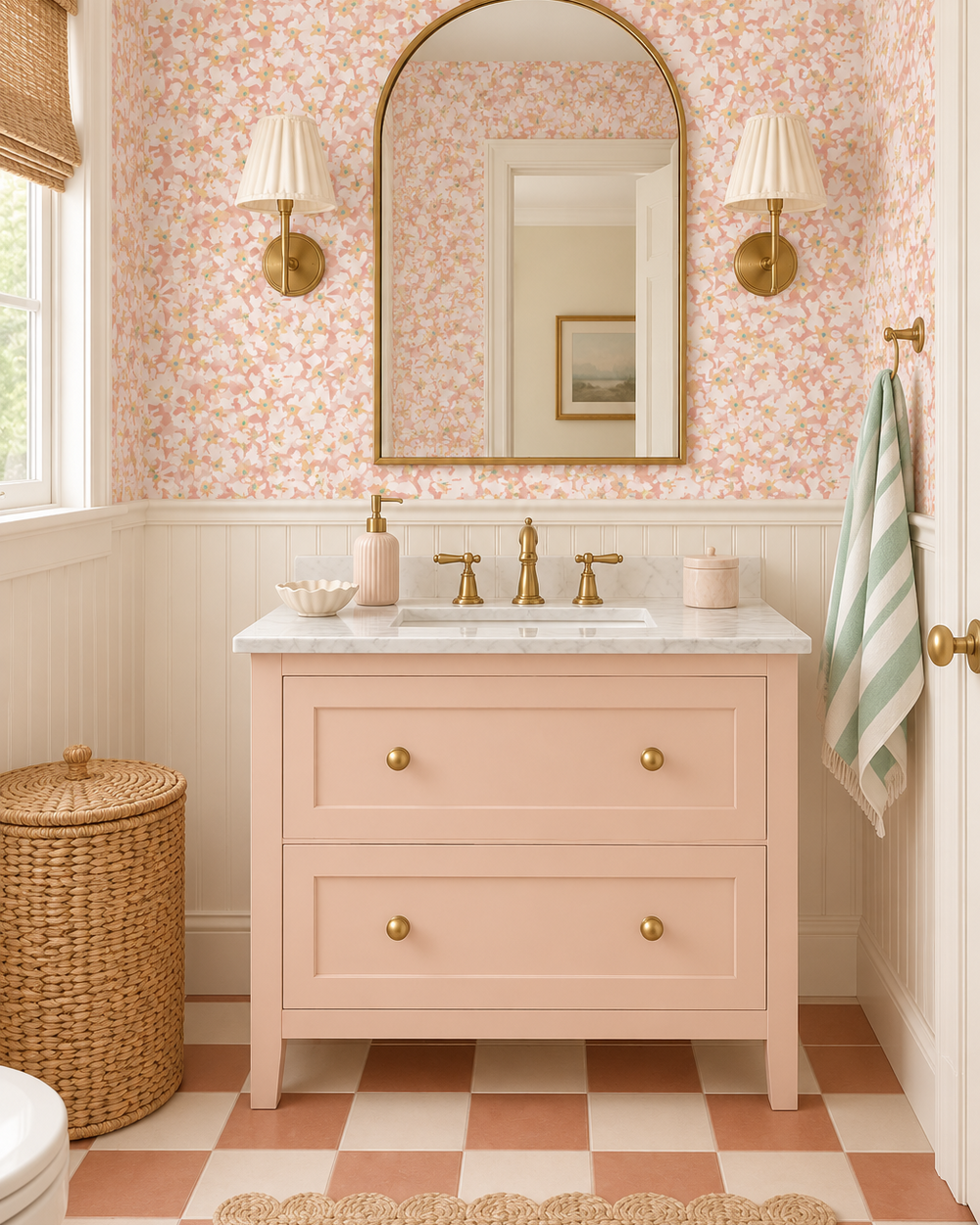 A styled bathroom vanity featuring a dusty pink wooden cabinet with brass knobs, a white marble countertop, a gold-framed arched mirror, and pink-and-white floral wallpaper.