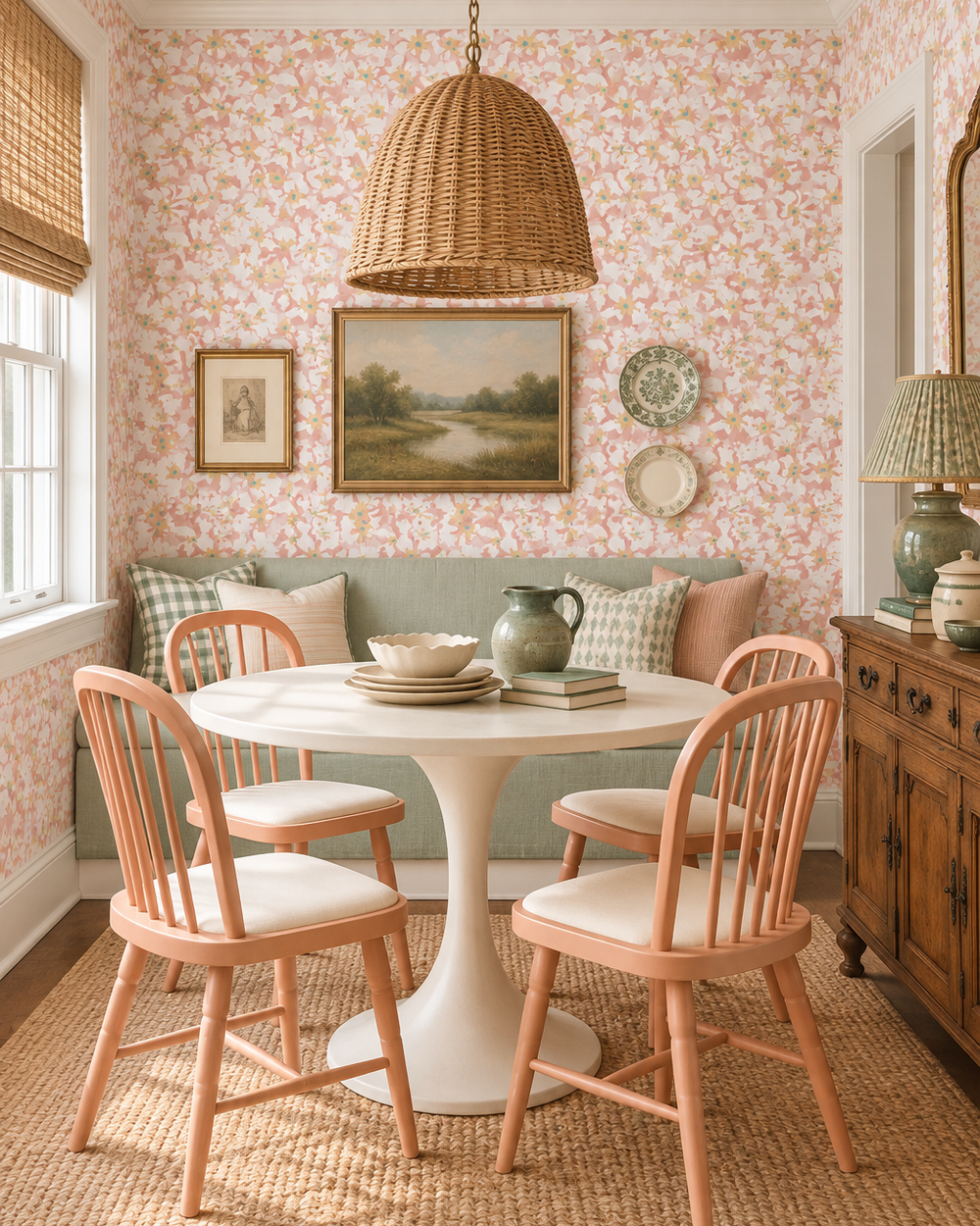A styled dining room corner with a round white pedestal table, four light wood spindle-back chairs with cream cushions, pink floral wallpaper, a green upholstered bench, and a wicker pendant light.