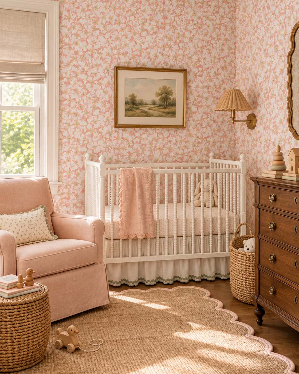 A styled nursery interior featuring a white wooden crib with a peach blanket, pink floral wallpaper, a pink armchair, a wooden dresser, and a natural jute rug.